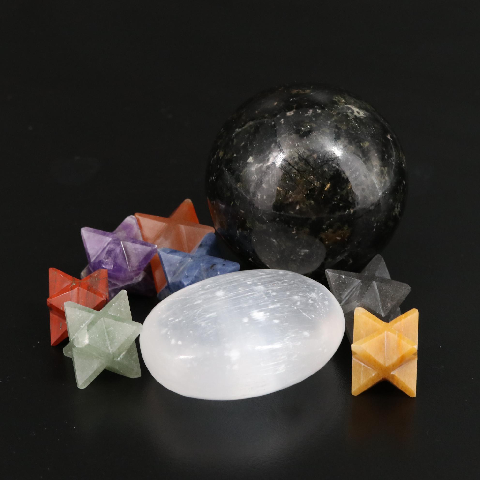 Tourmaline Orb with Amethyst and Jasper Merkaba Star Crystals