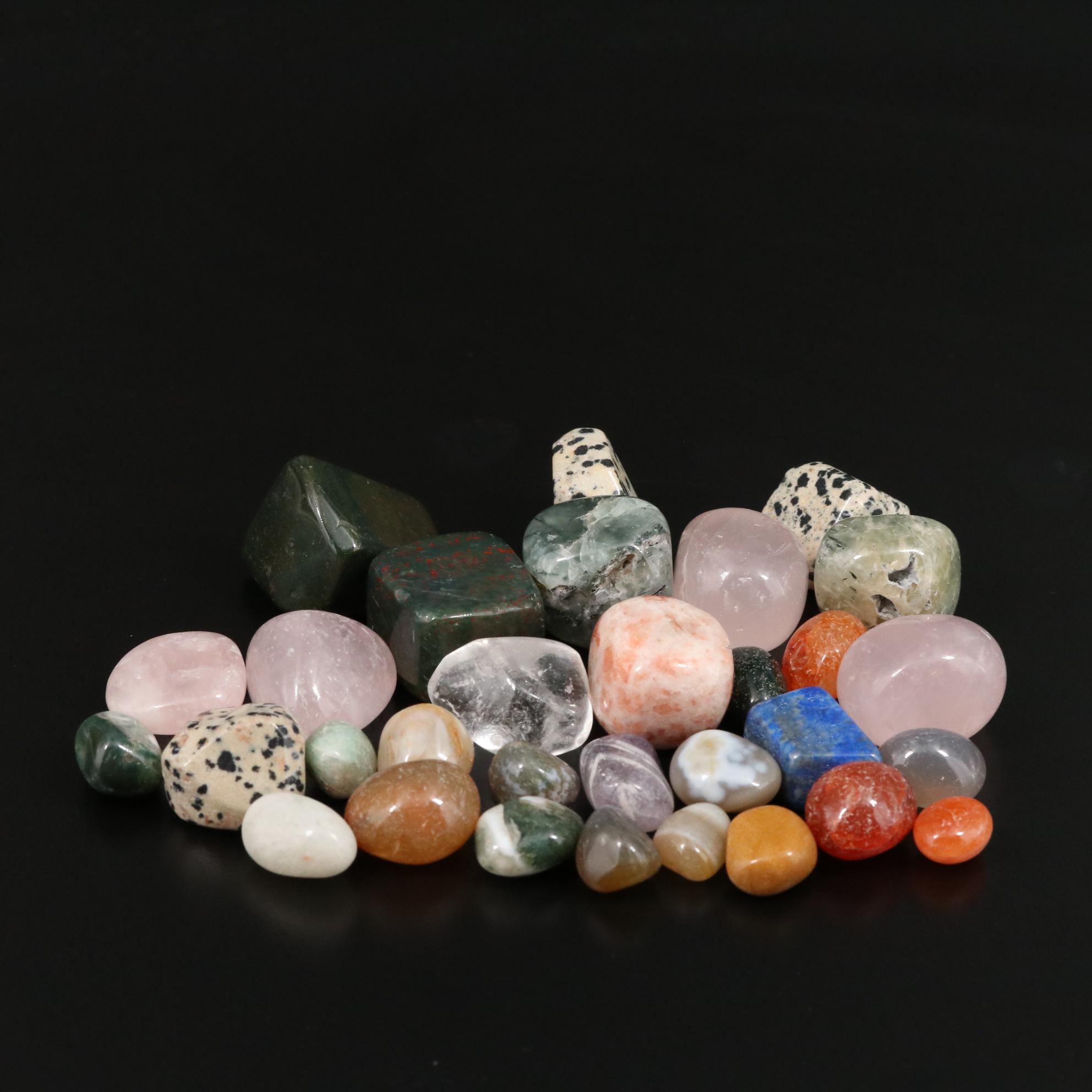 Assorted Minerals Including Bloodstone, Dalmation Jasper and Rose Quartz