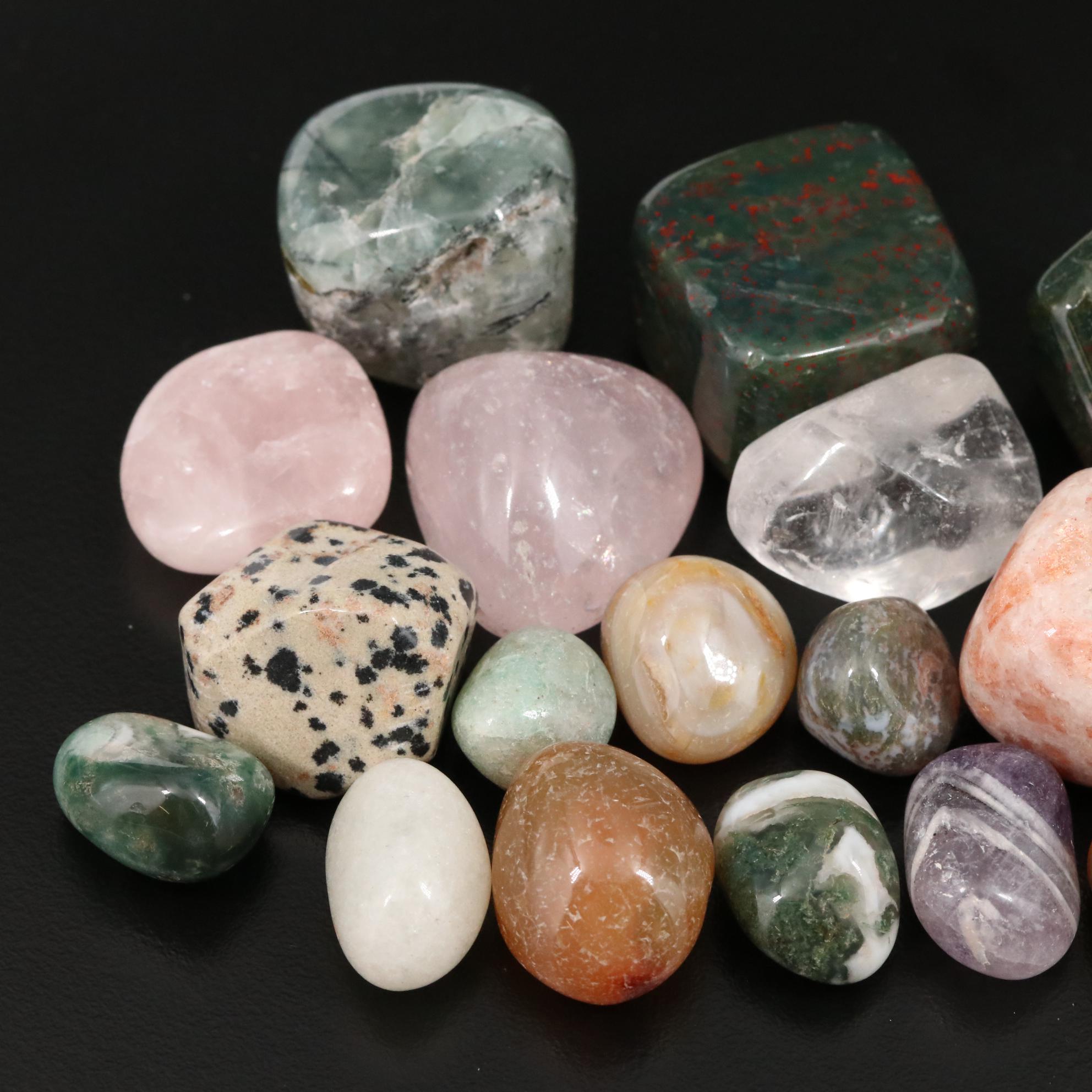 Assorted Minerals Including Bloodstone, Dalmation Jasper and Rose Quartz