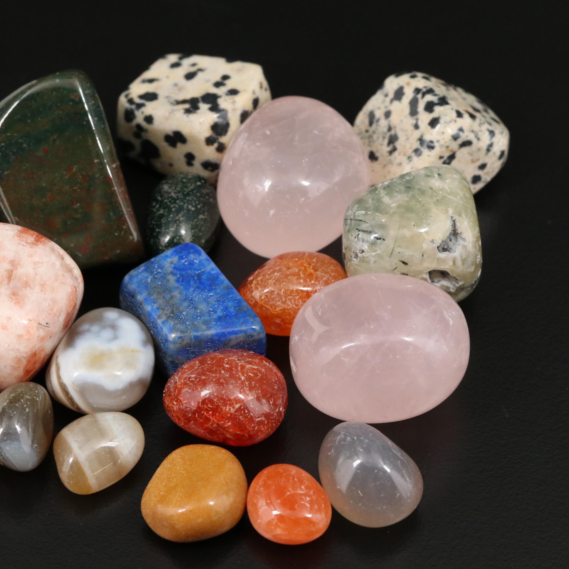 Assorted Minerals Including Bloodstone, Dalmation Jasper and Rose Quartz