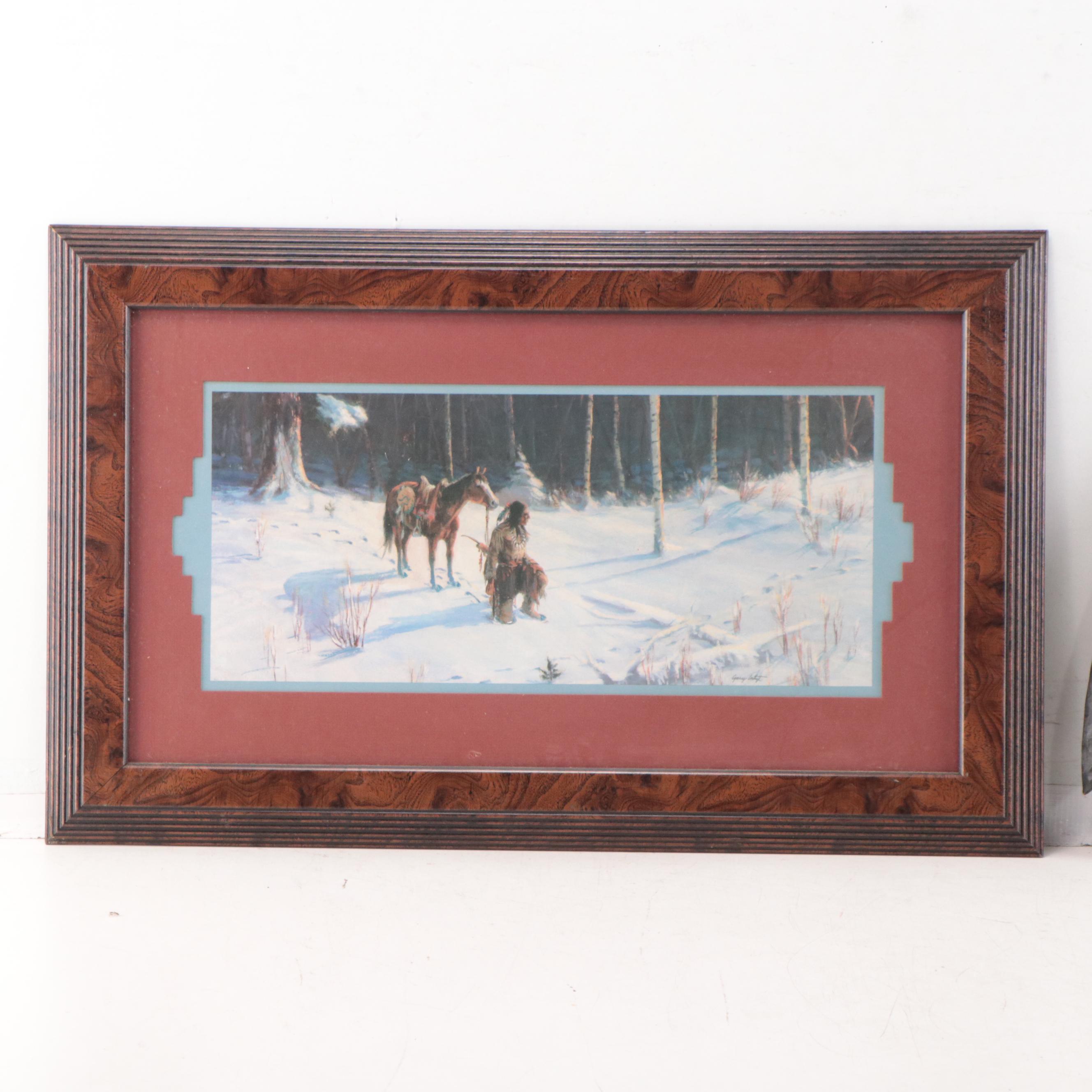 Offset Lithograph of Native American Figure In Winter Scene With Wood Carving