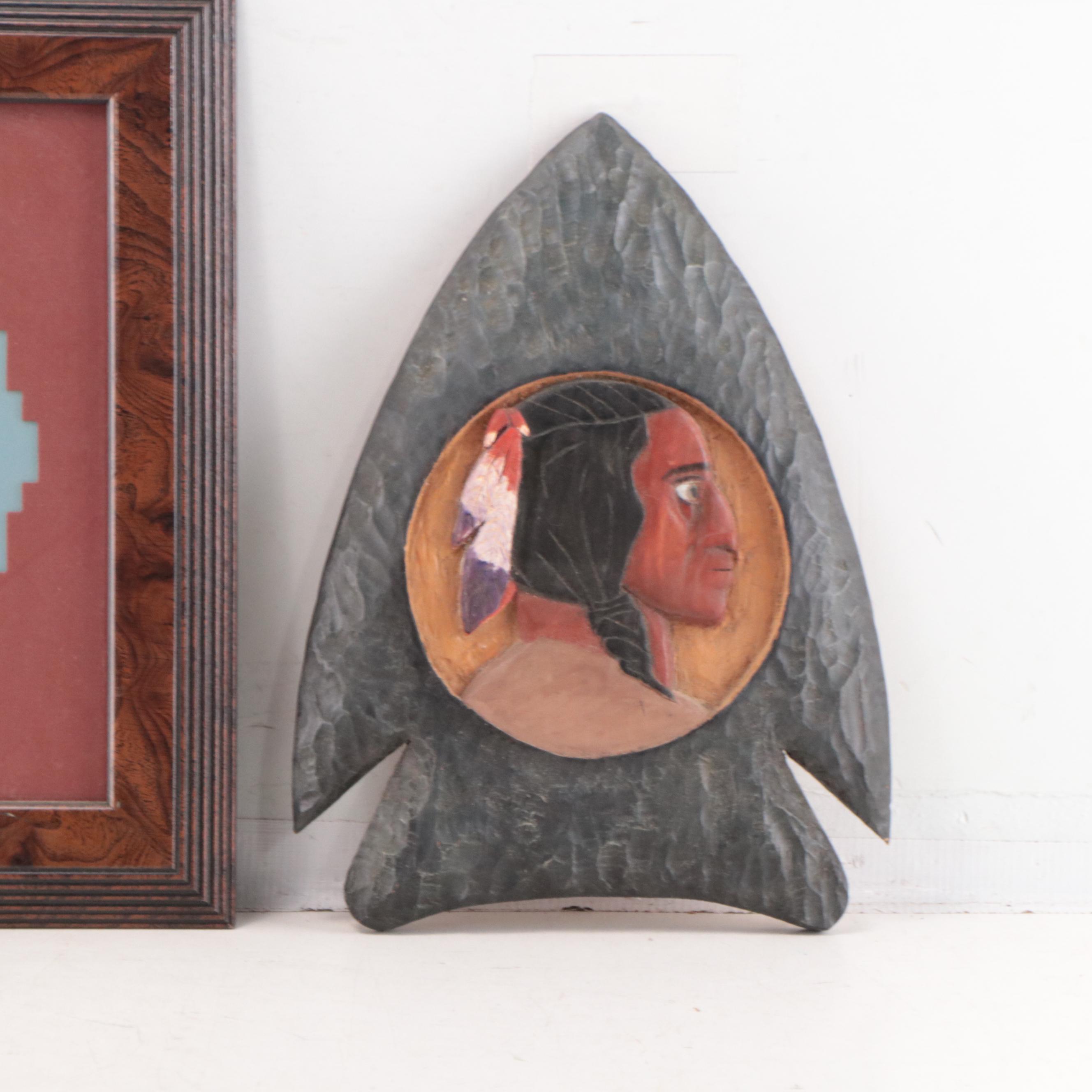 Offset Lithograph of Native American Figure In Winter Scene With Wood Carving