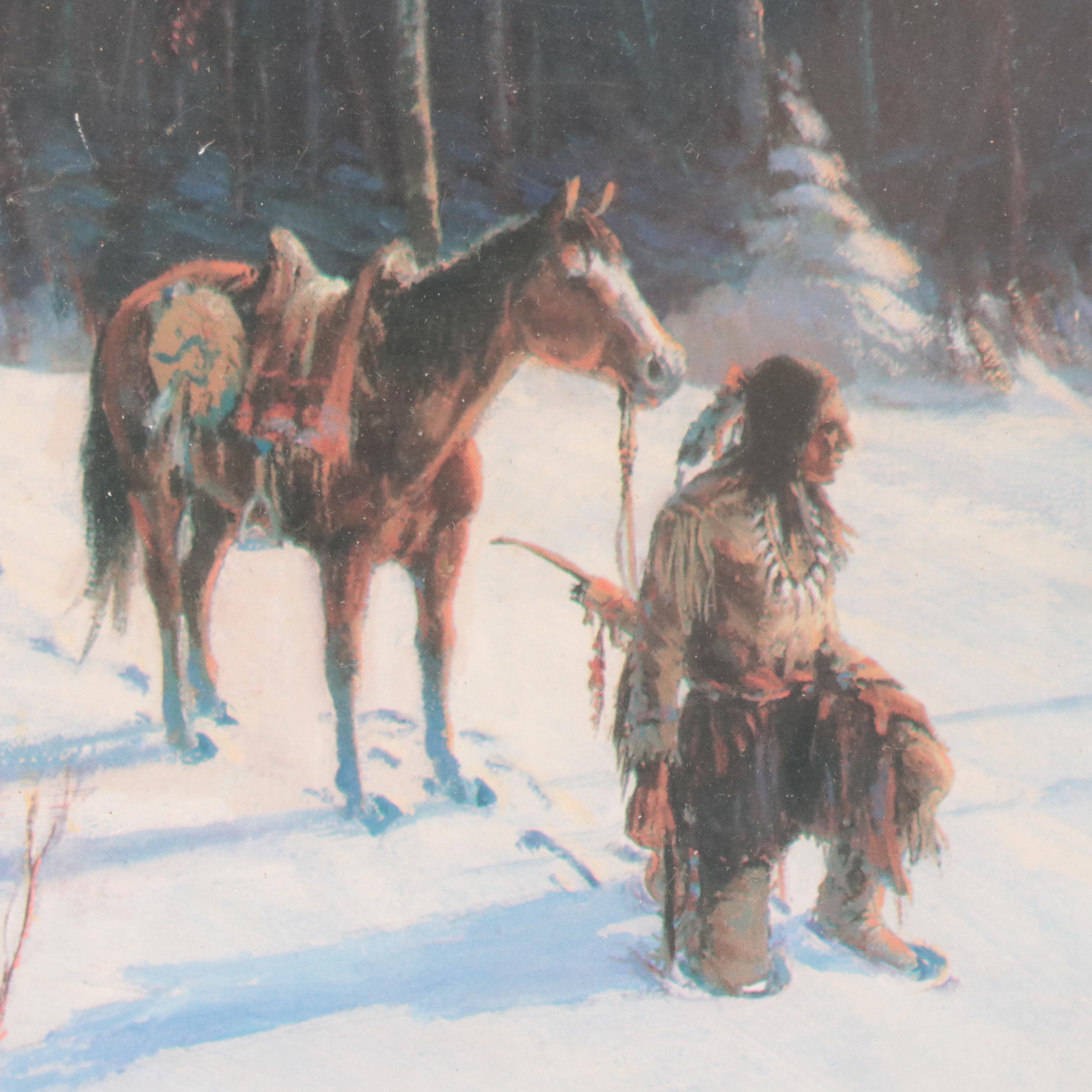 Offset Lithograph of Native American Figure In Winter Scene With Wood Carving