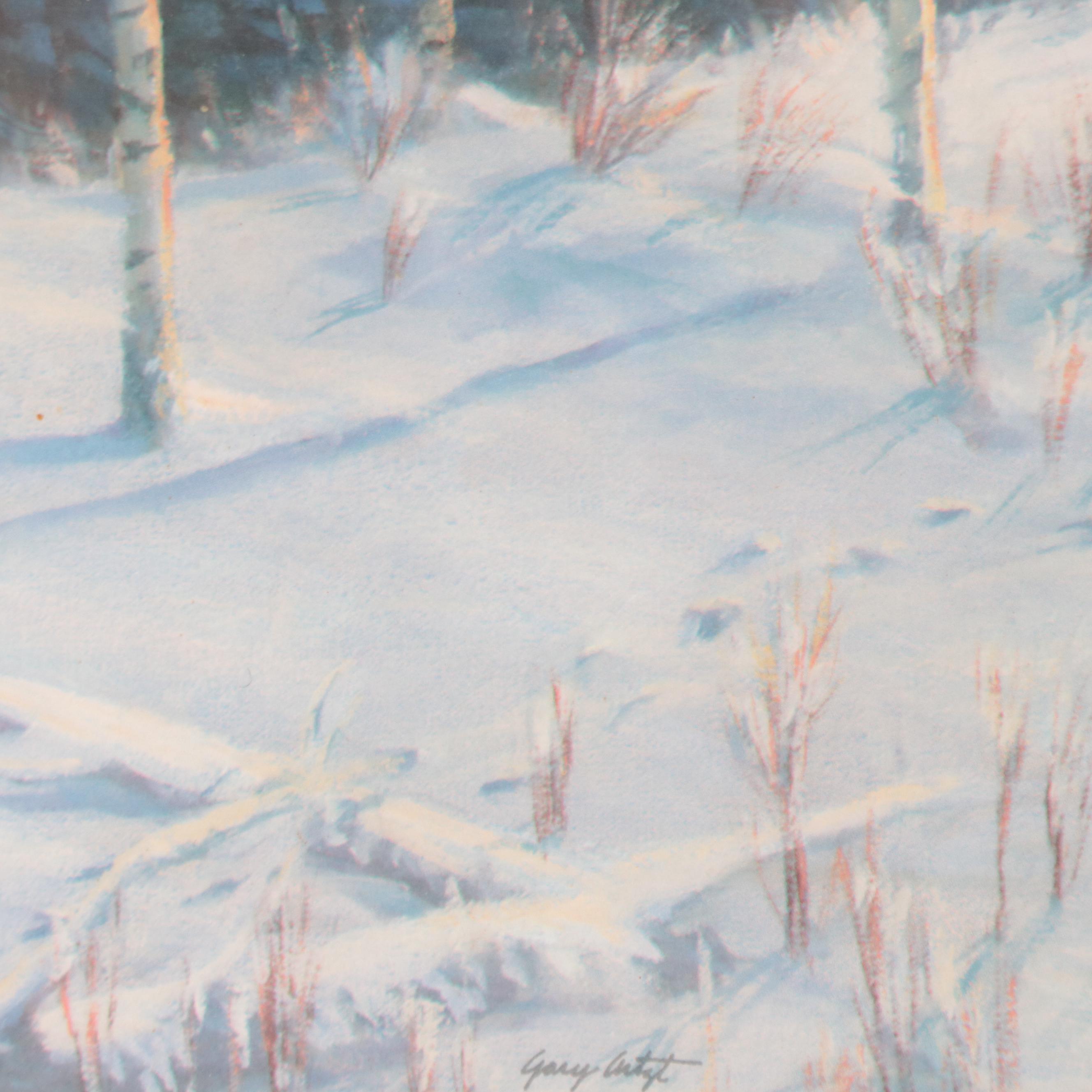 Offset Lithograph of Native American Figure In Winter Scene With Wood Carving