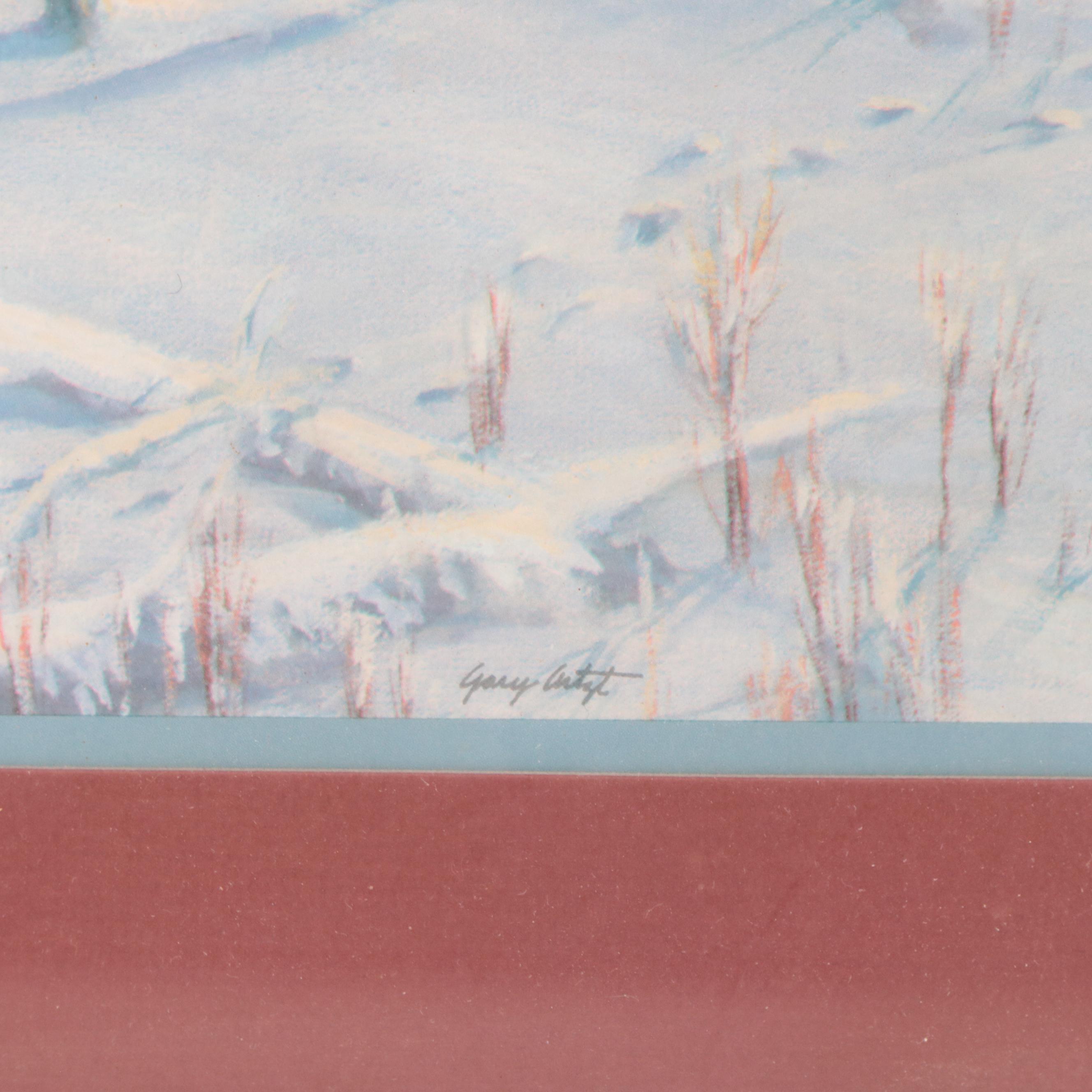 Offset Lithograph of Native American Figure In Winter Scene With Wood Carving