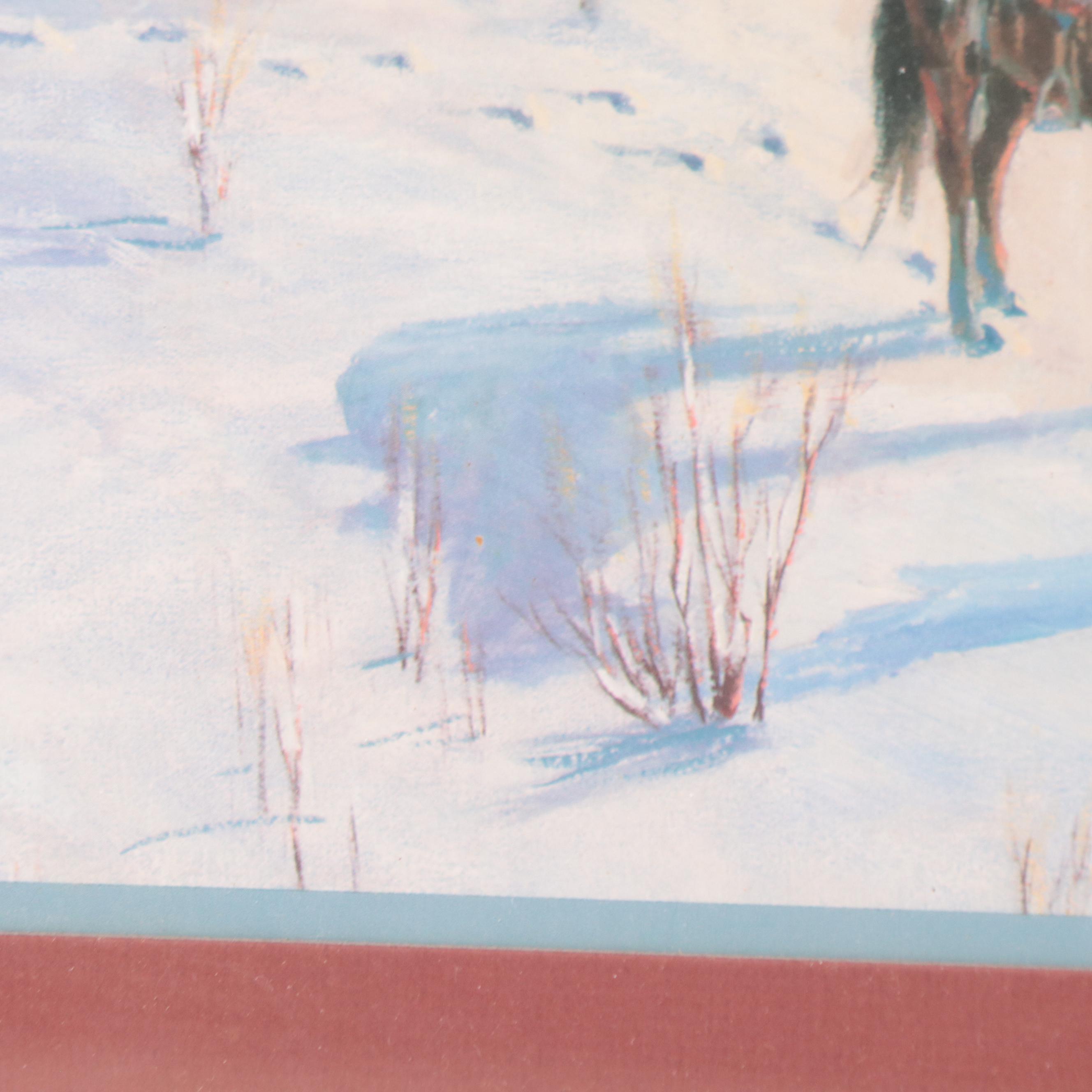 Offset Lithograph of Native American Figure In Winter Scene With Wood Carving