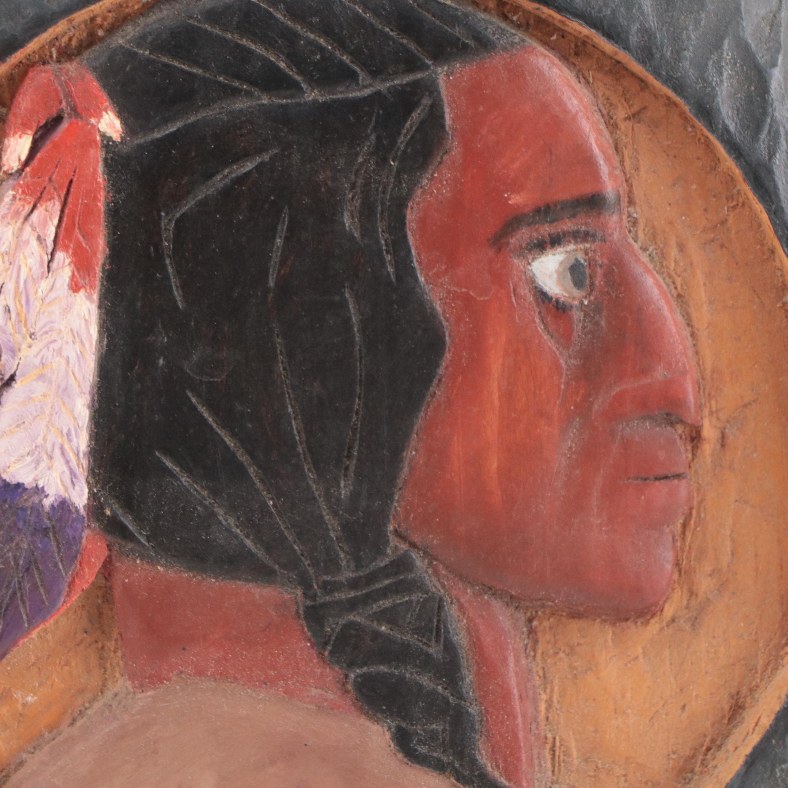 Offset Lithograph of Native American Figure In Winter Scene With Wood Carving