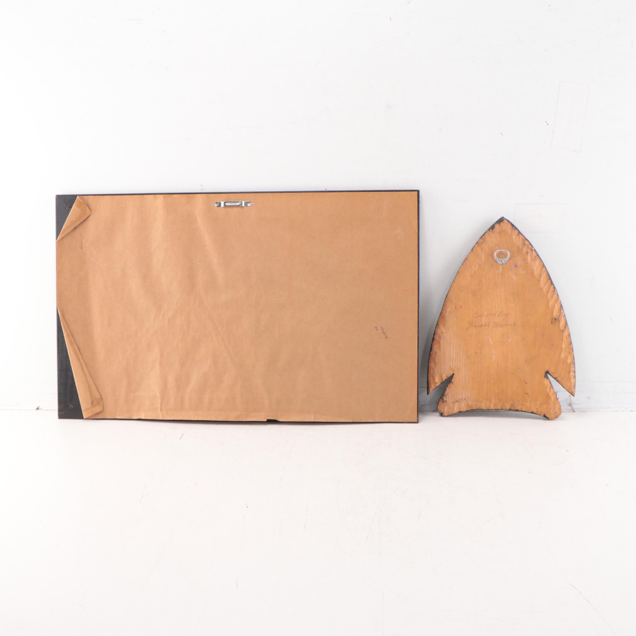 Offset Lithograph of Native American Figure In Winter Scene With Wood Carving