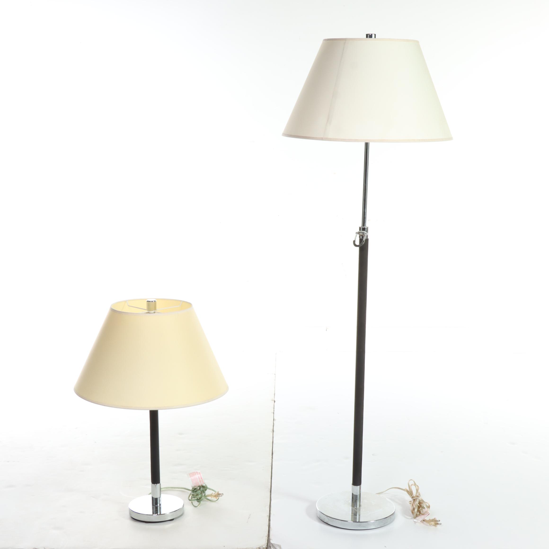 Ralph Lauren Leather and Chrome Club Floor Lamp and Table Lamp