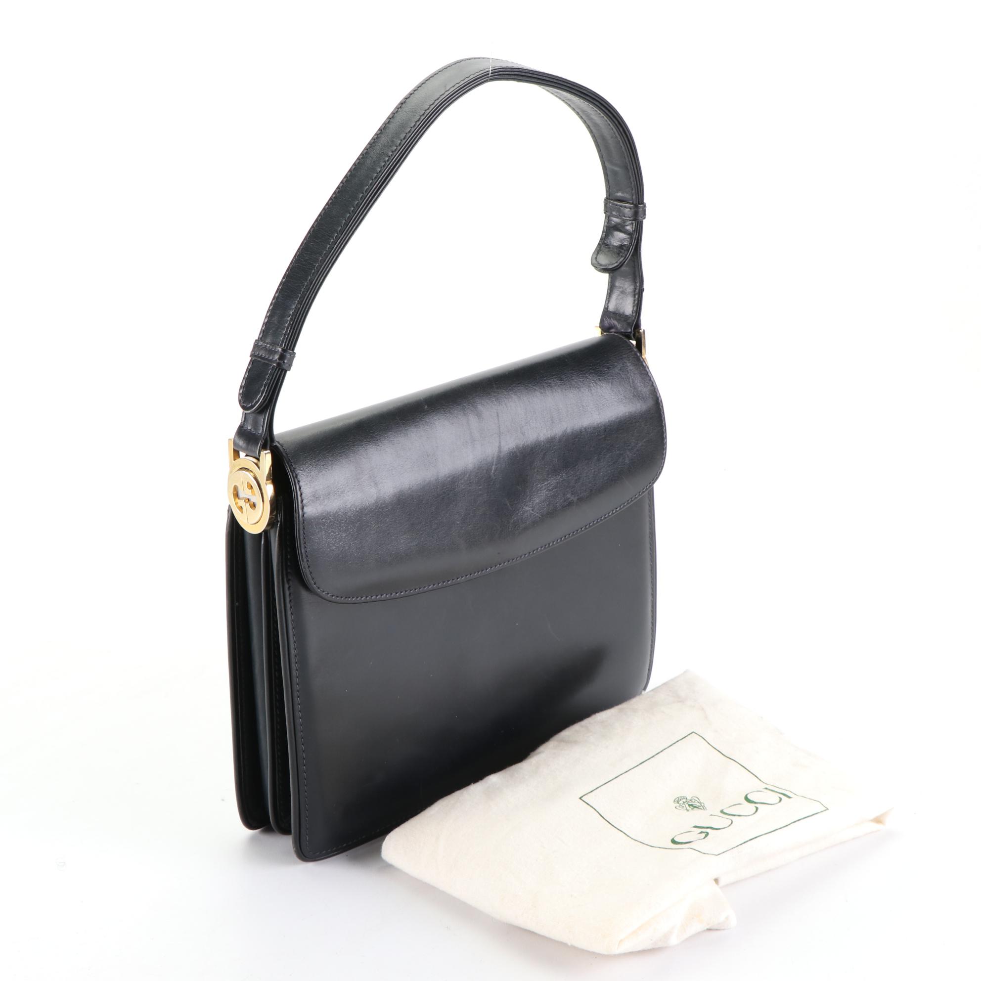 Gucci Flap Shoulder Bag in Smooth Black Leather with Dust Bag