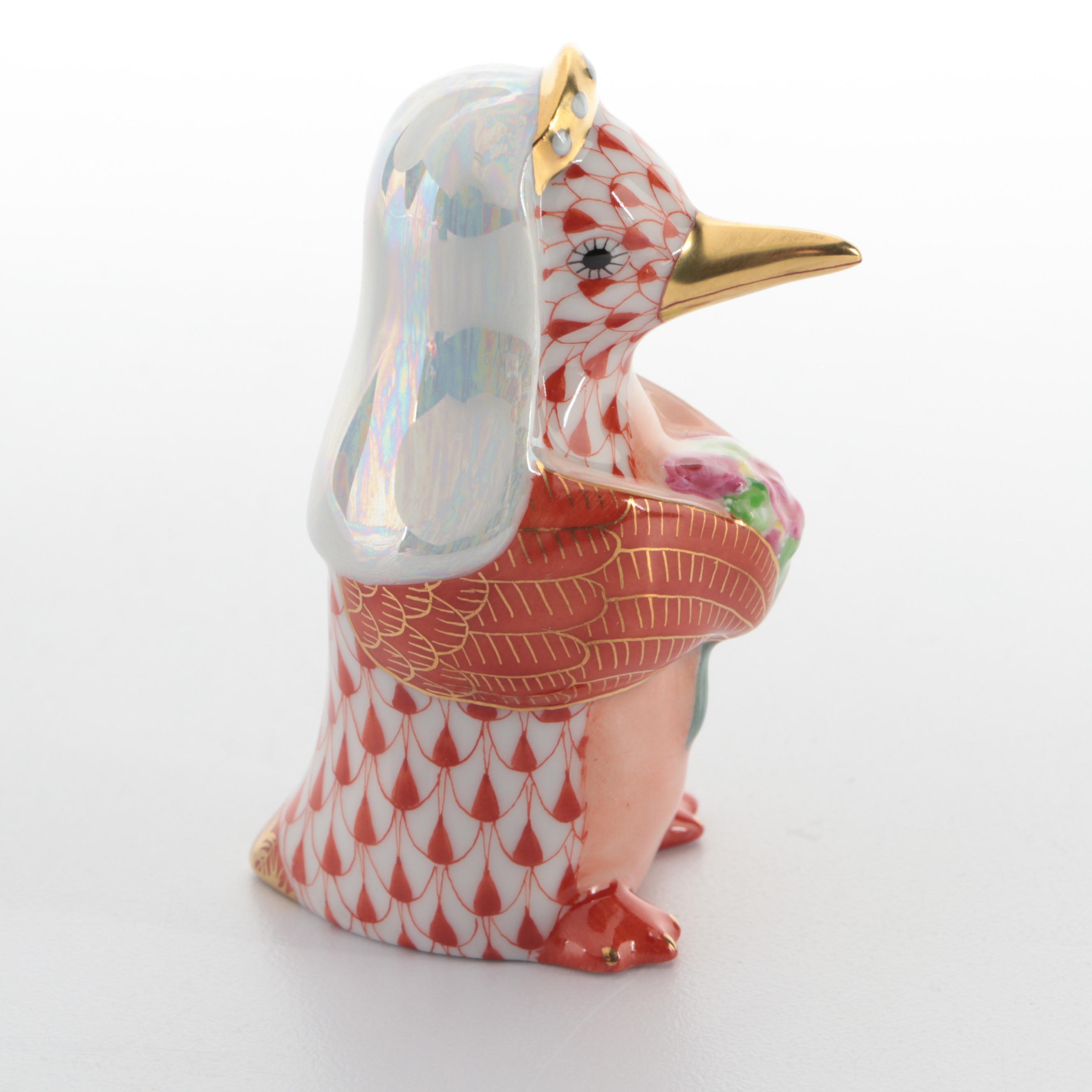 Herend Rust Fishnet with Gold "Penguin Bride" Porcelain Figurine