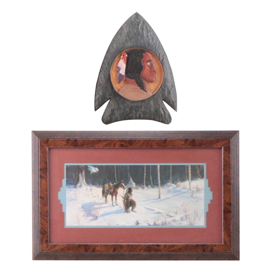 Offset Lithograph of Native American Figure In Winter Scene With Wood Carving