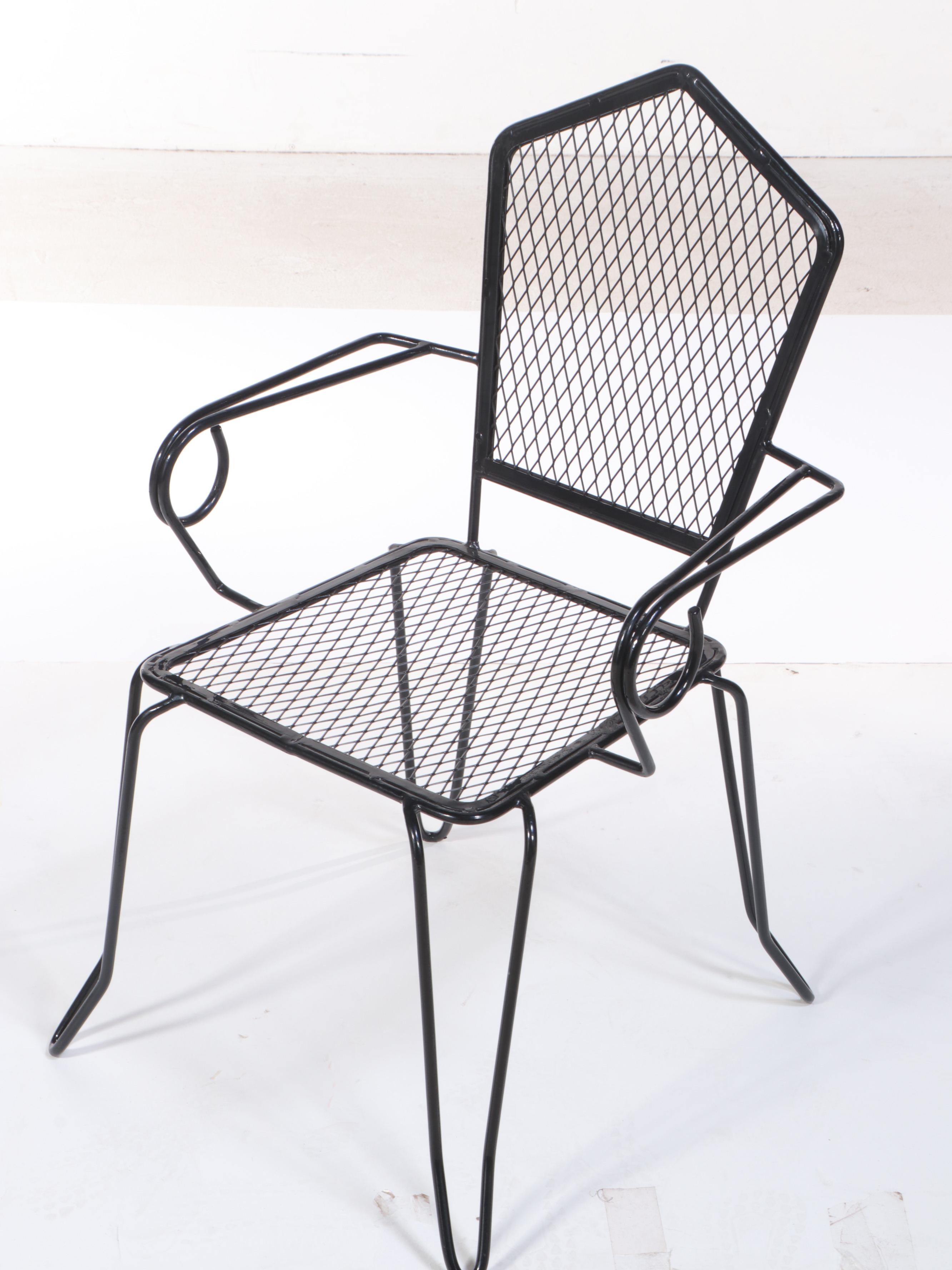 Set of Four Black Painted Wrought Iron and Metal Mesh Patio Dining Chairs