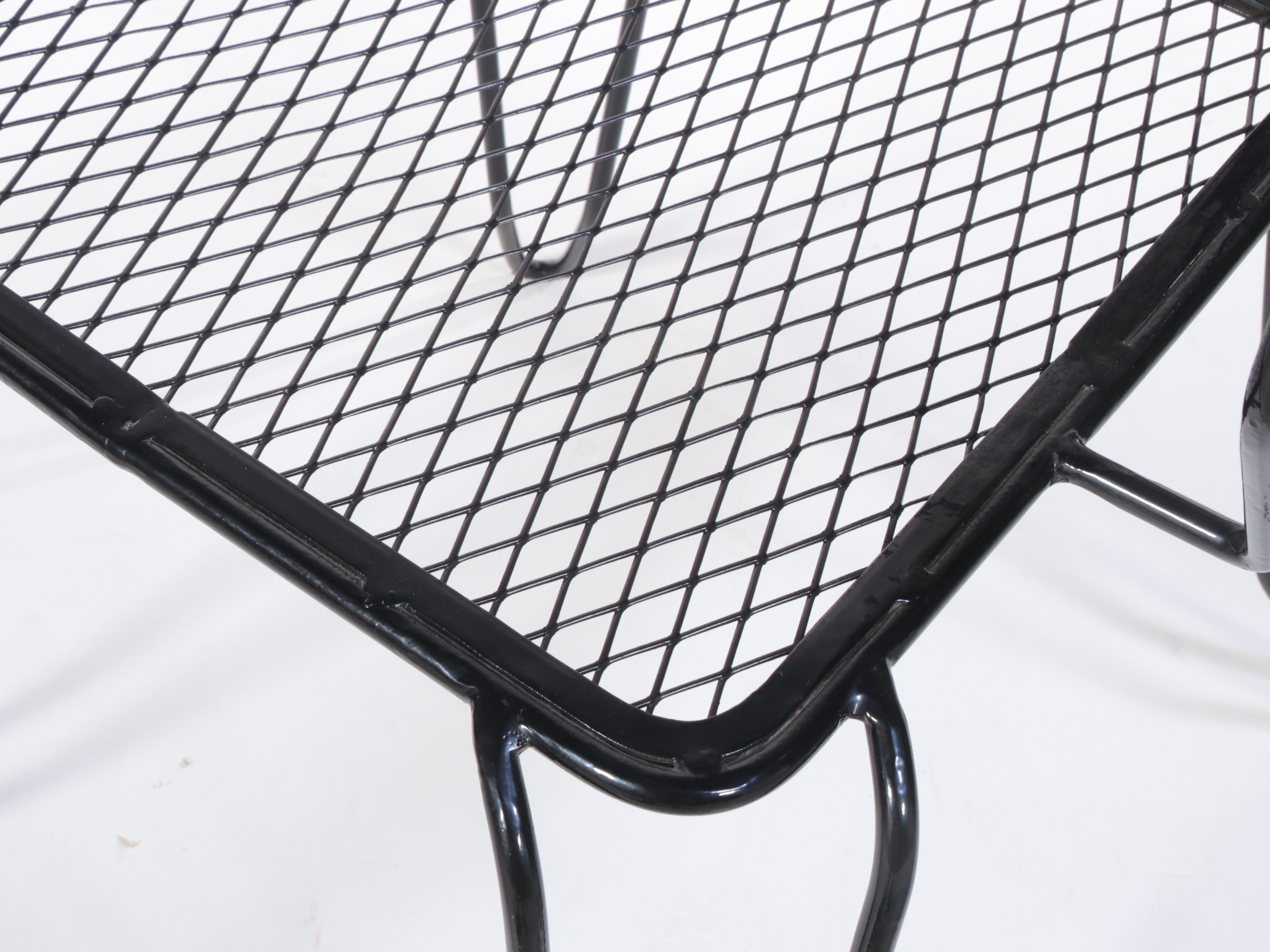 Set of Four Black Painted Wrought Iron and Metal Mesh Patio Dining Chairs