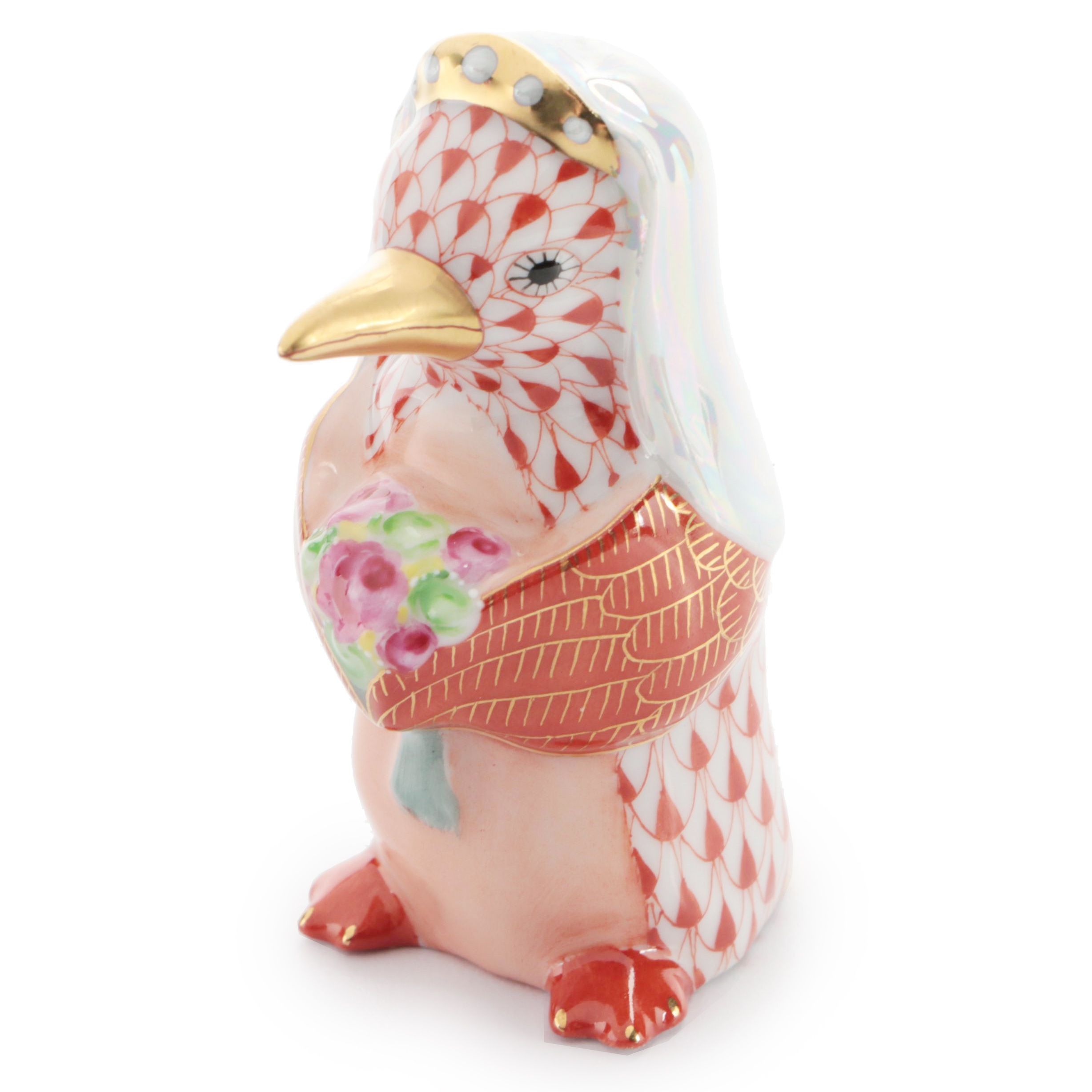 Herend Rust Fishnet with Gold "Penguin Bride" Porcelain Figurine