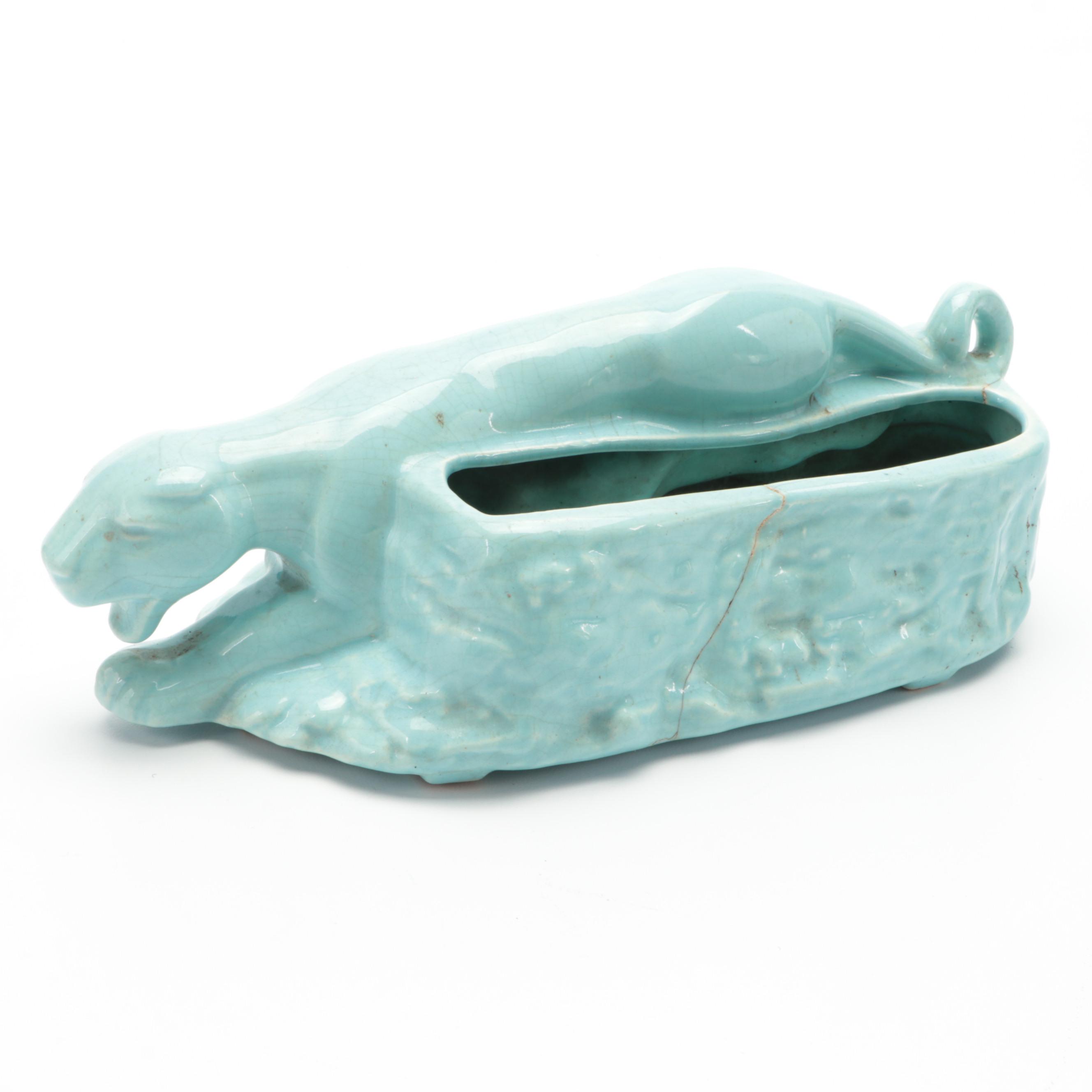 Mid Century Modern Glazed Ceramic Panther Planter Vases