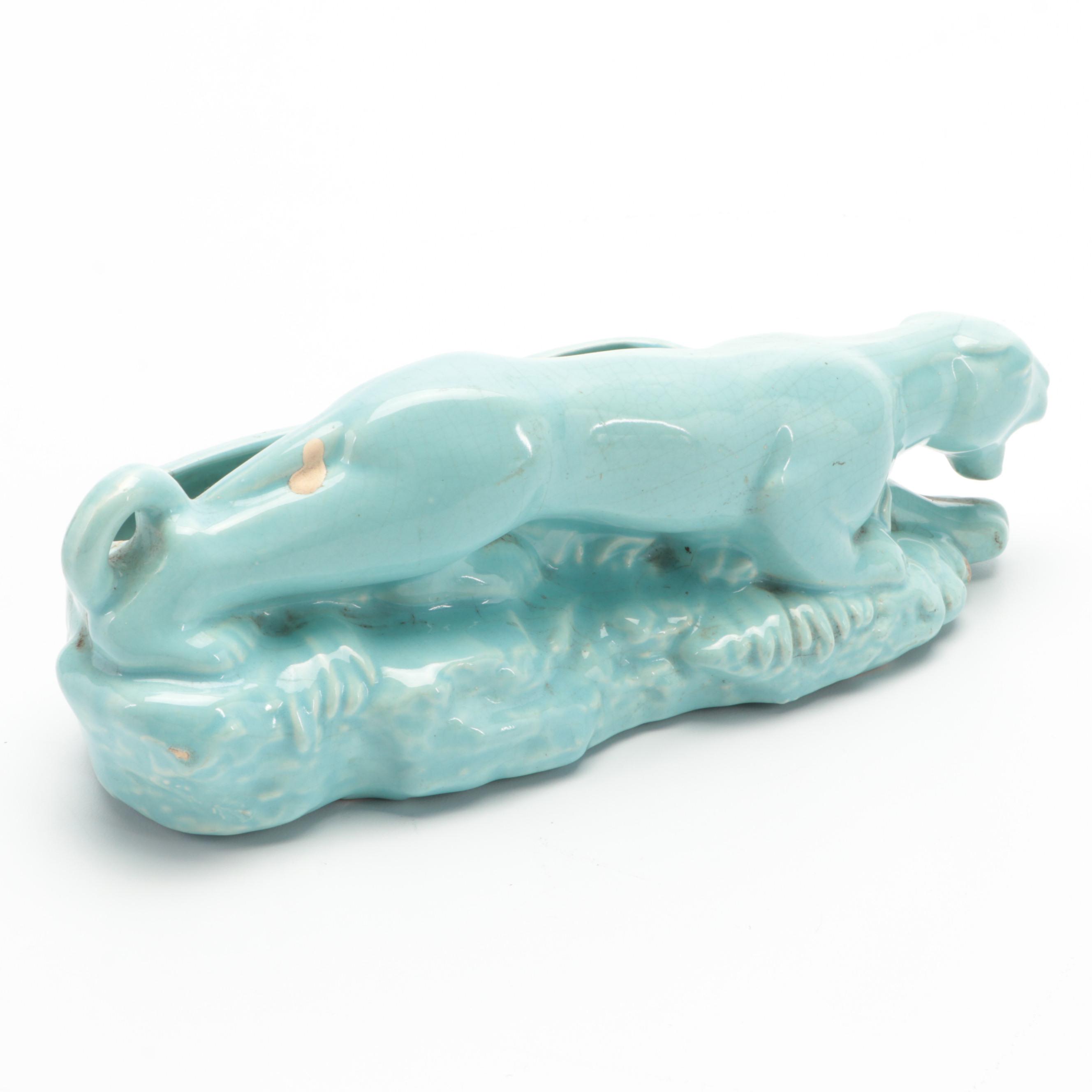 Mid Century Modern Glazed Ceramic Panther Planter Vases