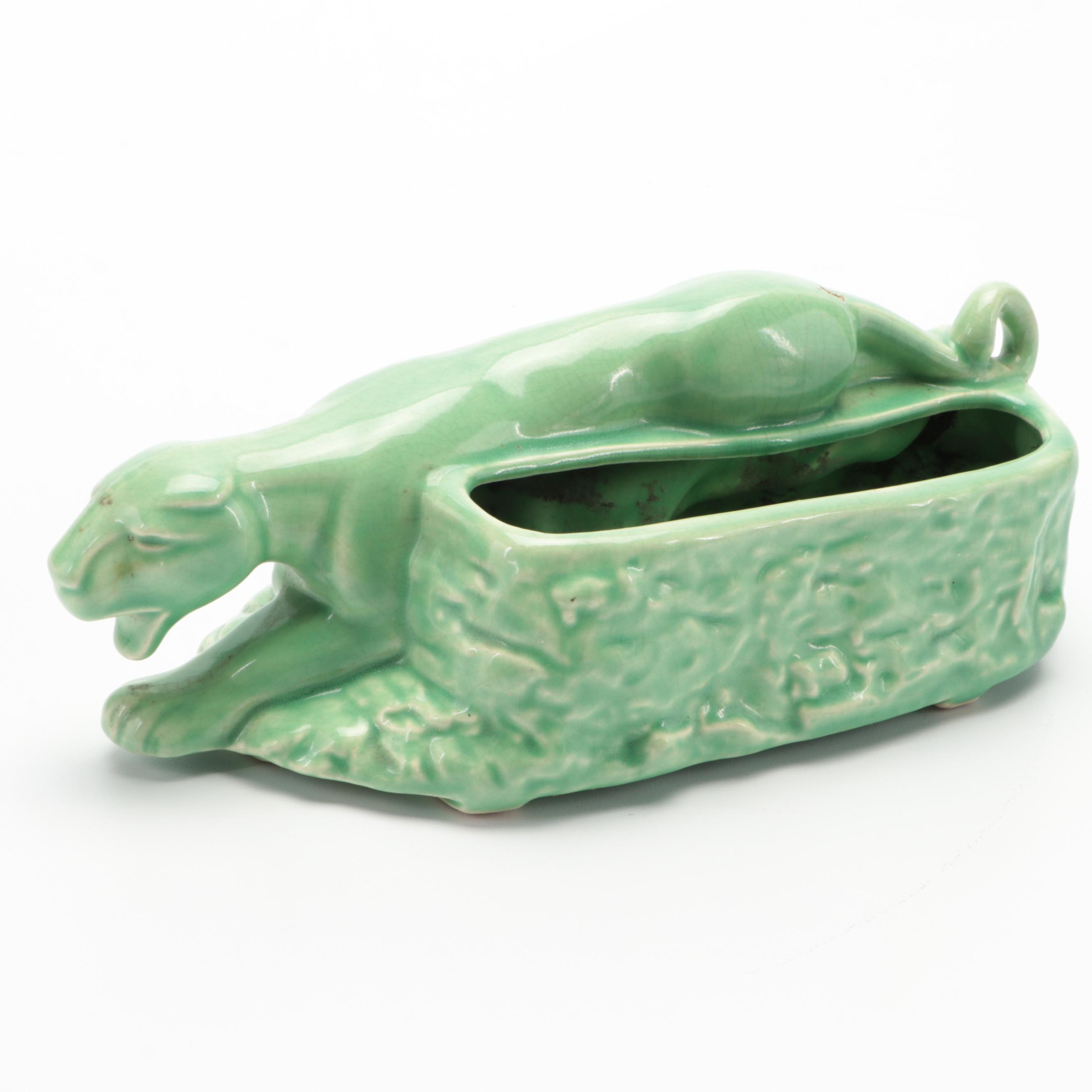 Mid Century Modern Glazed Ceramic Panther Planter Vases