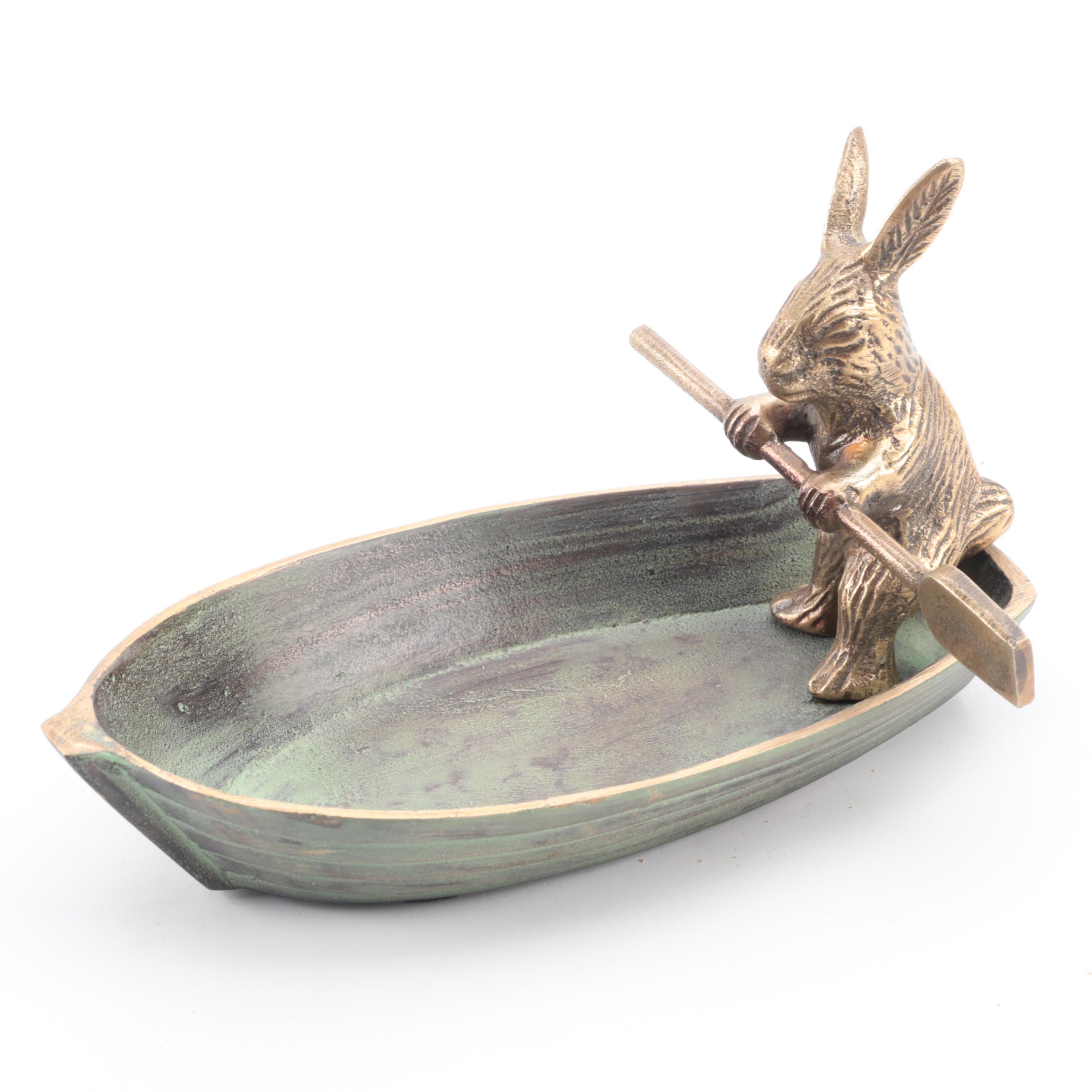 Patinated Cast Metal Rabbit in Rowboat Trinket Dish