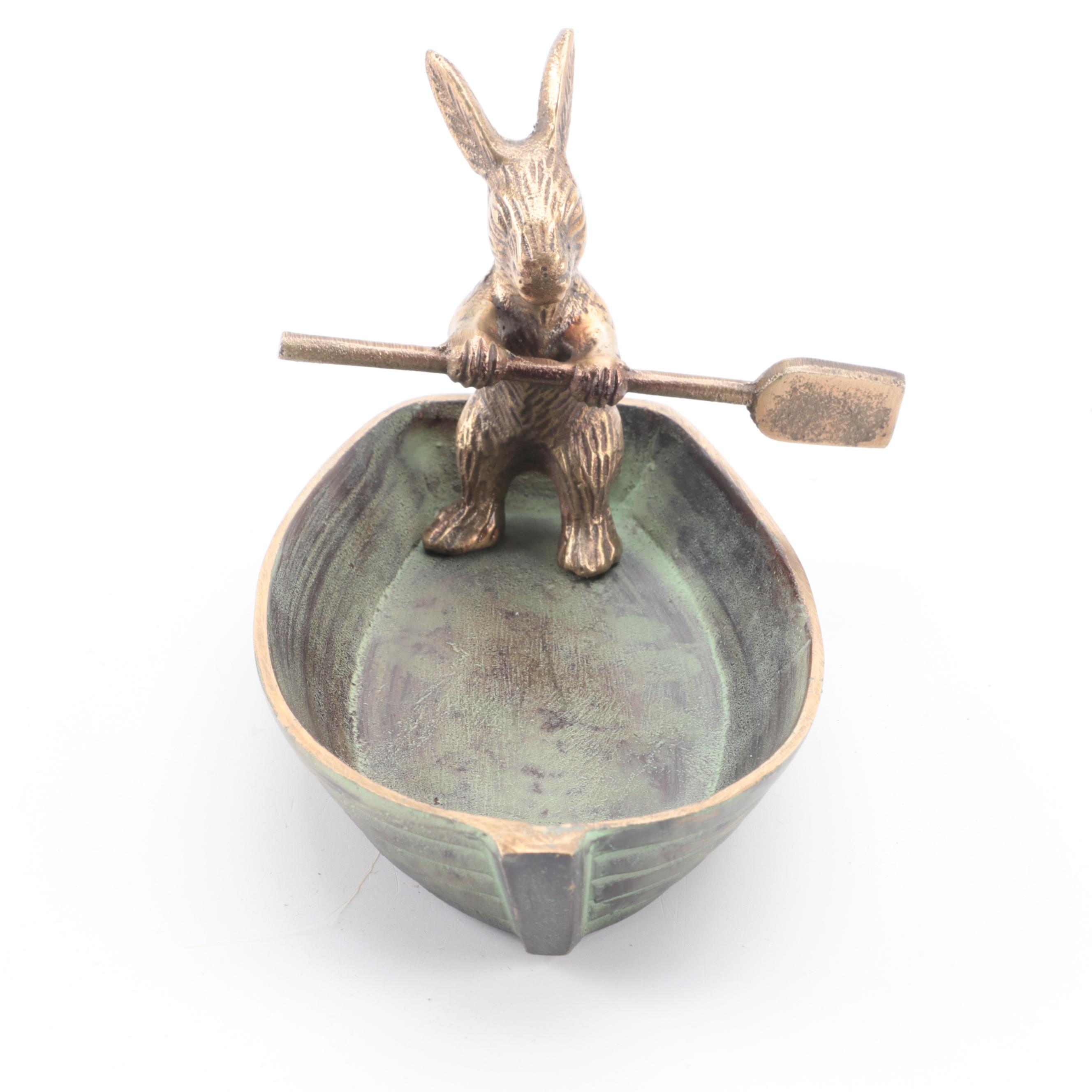 Patinated Cast Metal Rabbit in Rowboat Trinket Dish