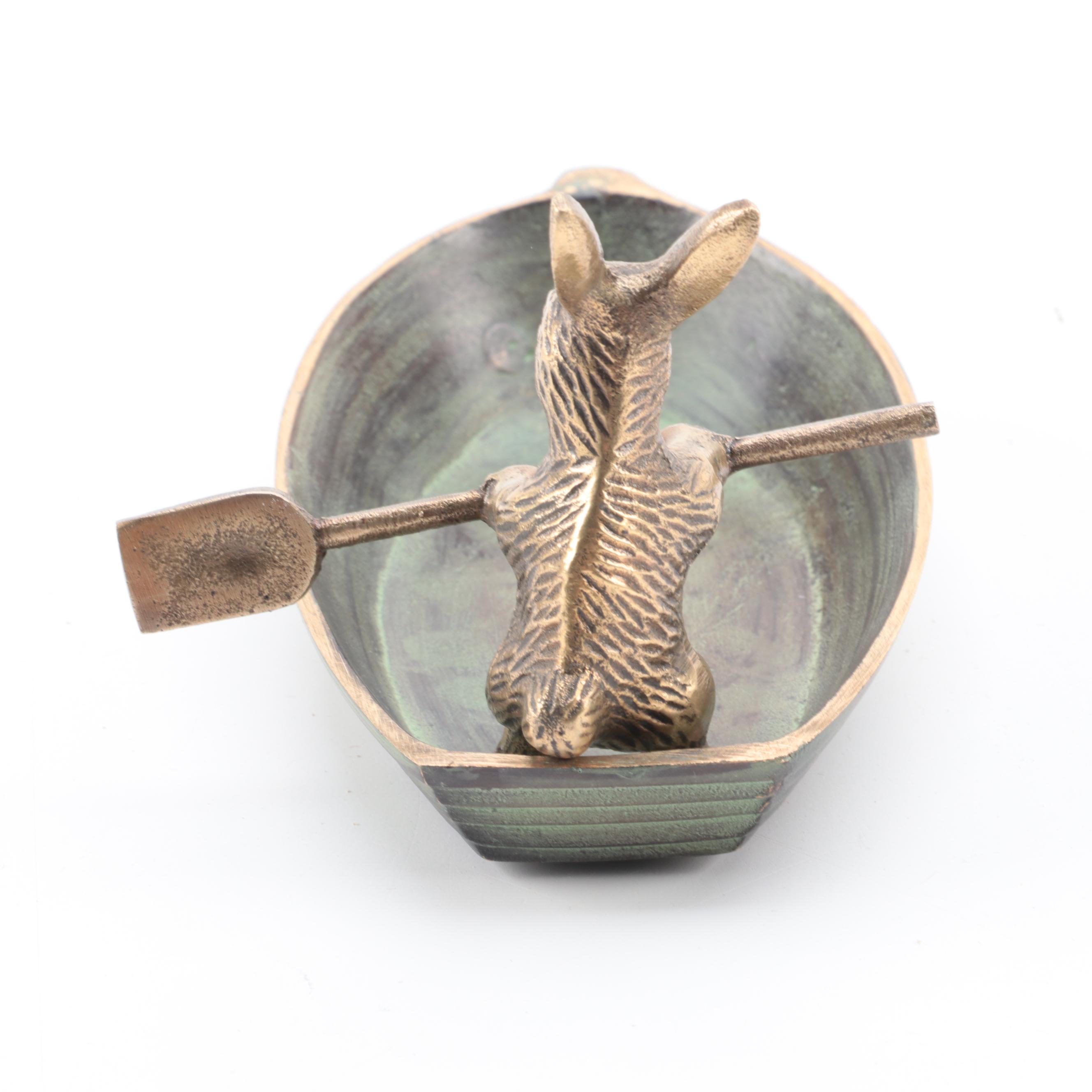 Patinated Cast Metal Rabbit in Rowboat Trinket Dish