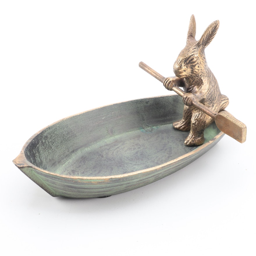 Patinated Cast Metal Rabbit in Rowboat Trinket Dish