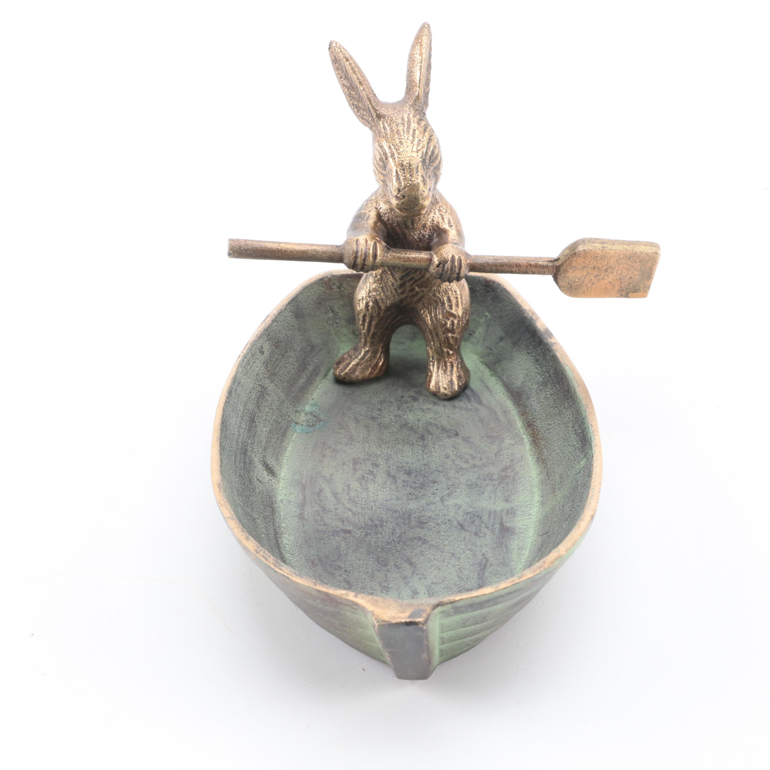 Patinated Cast Metal Rabbit in Rowboat Trinket Dish