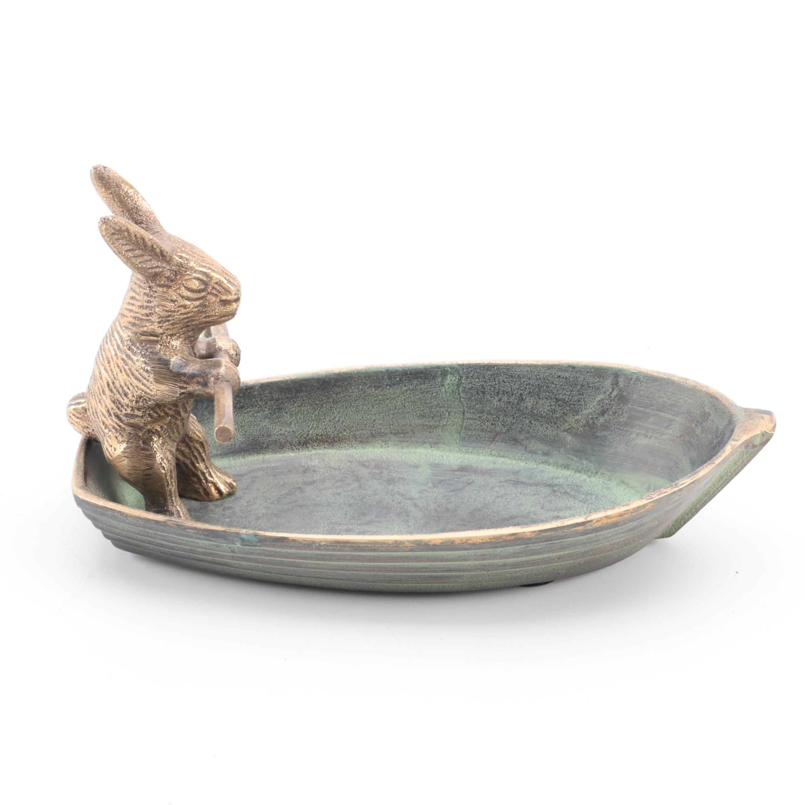 Patinated Cast Metal Rabbit in Rowboat Trinket Dish