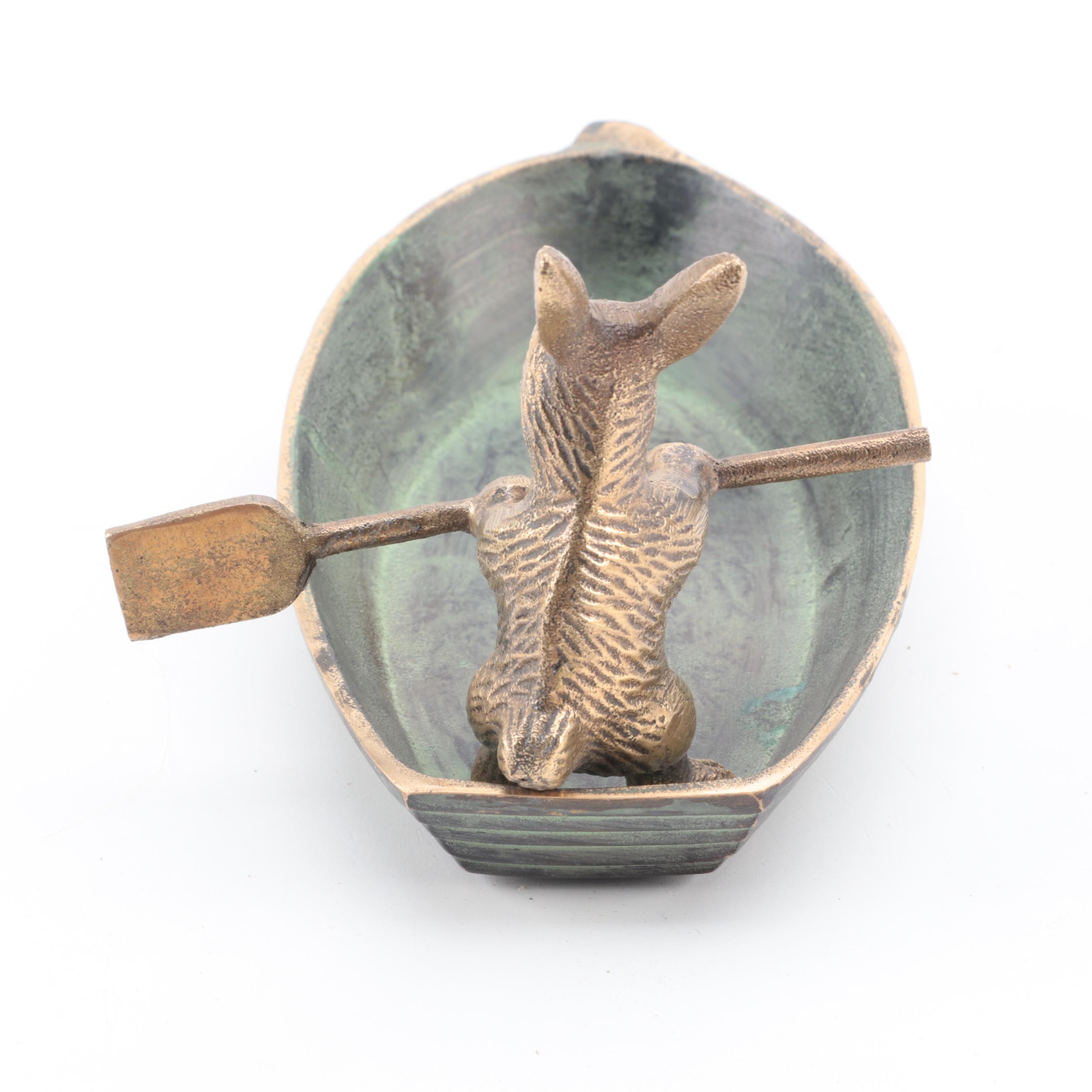 Patinated Cast Metal Rabbit in Rowboat Trinket Dish