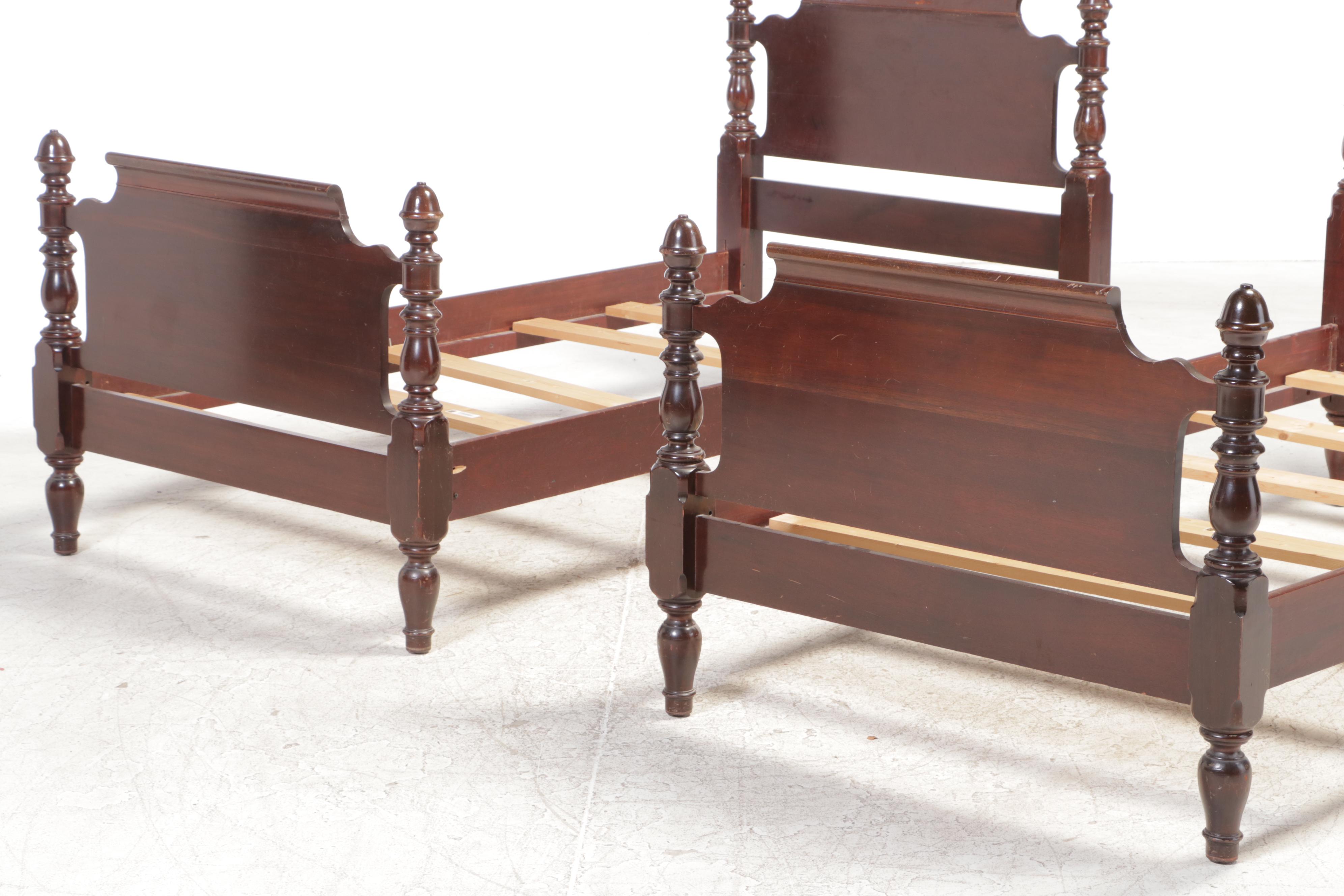 Two Hungerford Colonial Style Mahogany Twin Beds with Nightstand and Bedding