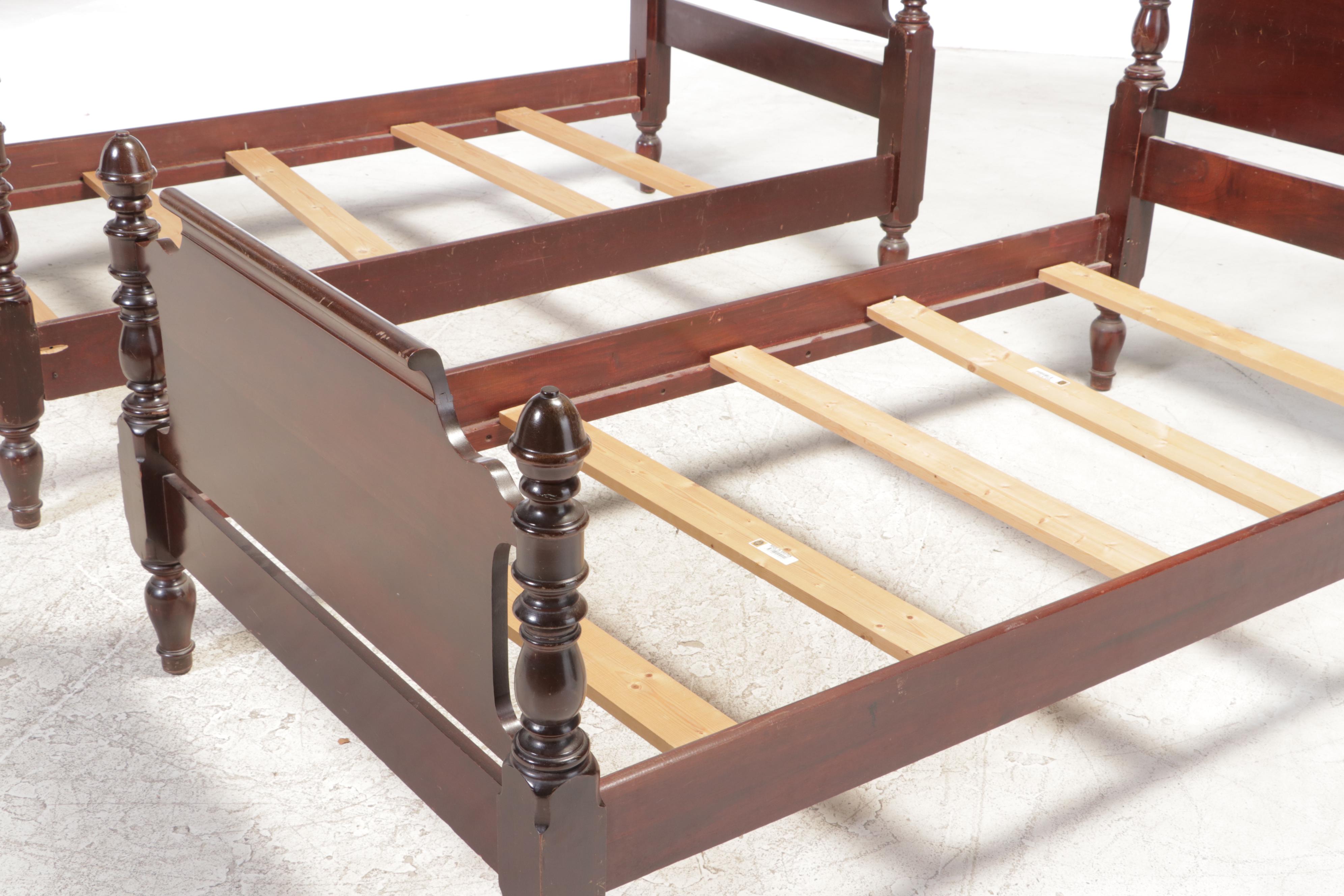 Two Hungerford Colonial Style Mahogany Twin Beds with Nightstand and Bedding