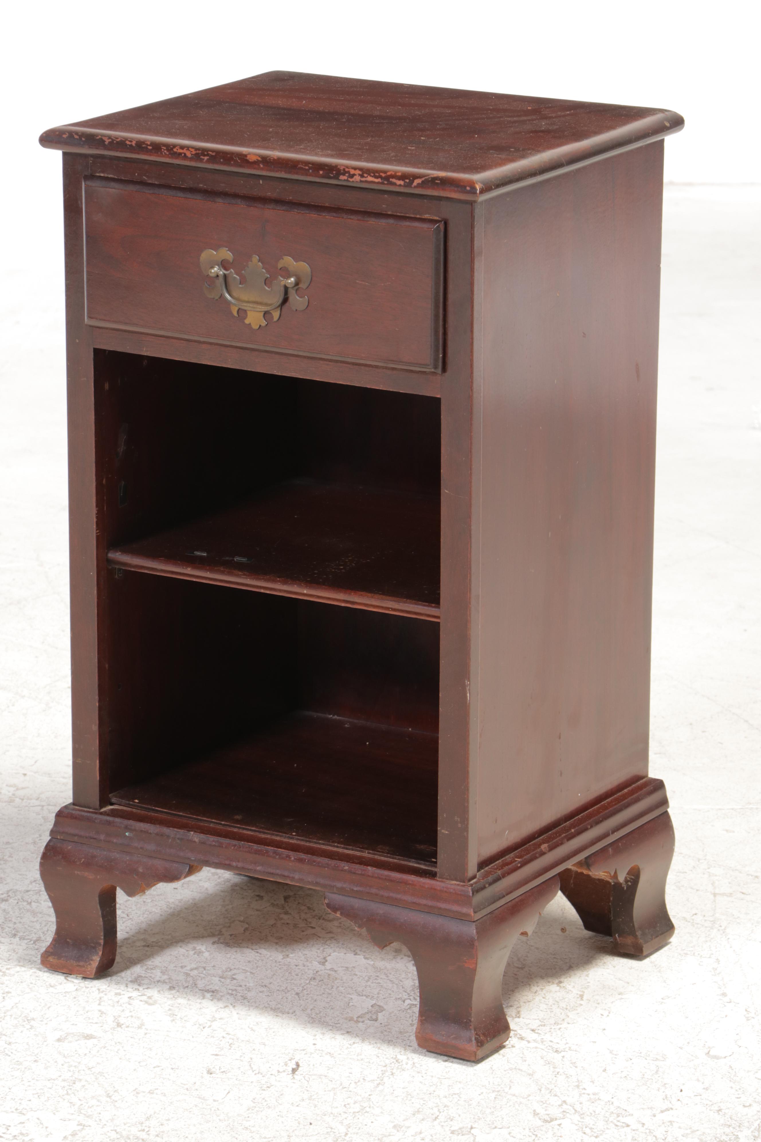 Two Hungerford Colonial Style Mahogany Twin Beds with Nightstand and Bedding