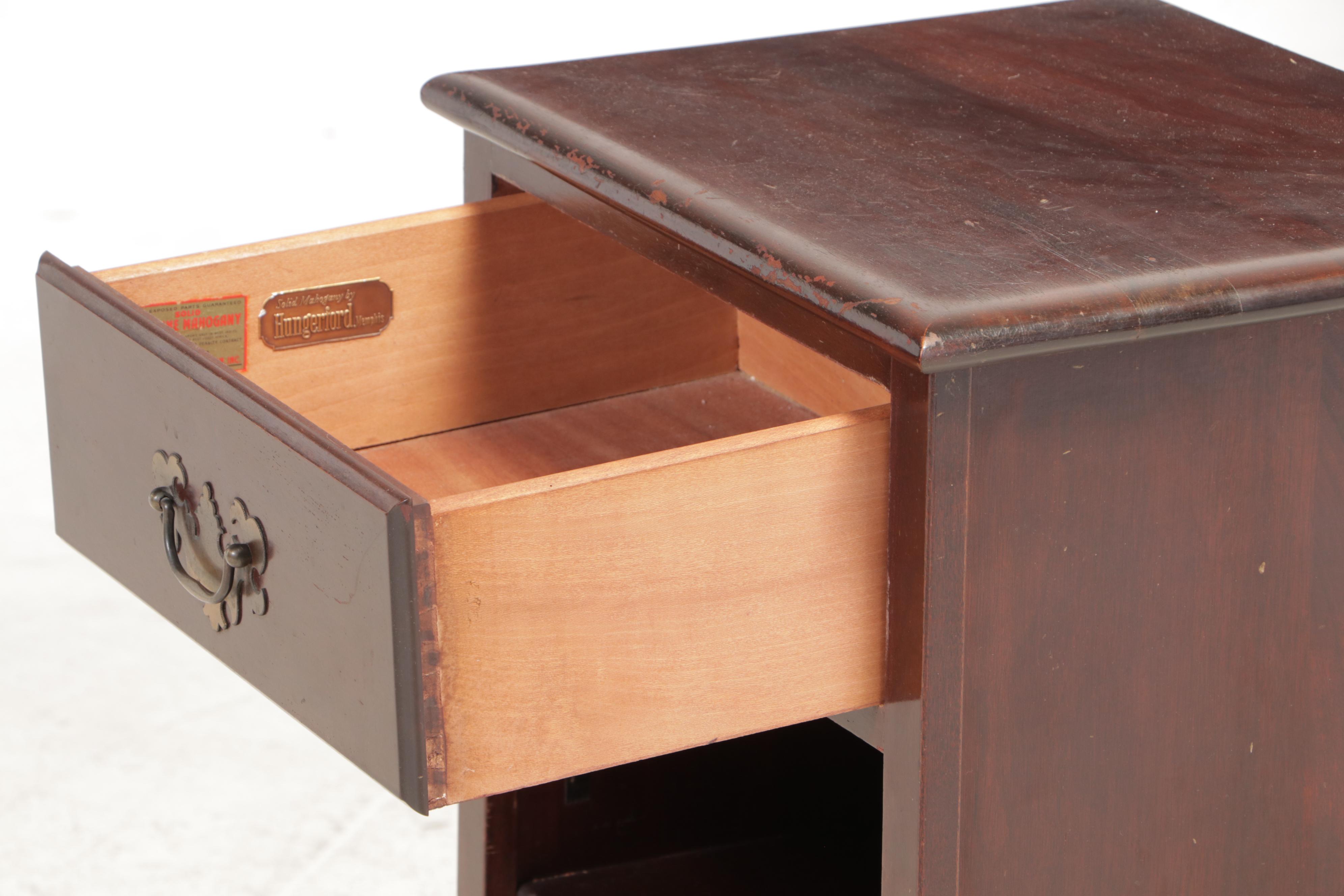 Two Hungerford Colonial Style Mahogany Twin Beds with Nightstand and Bedding