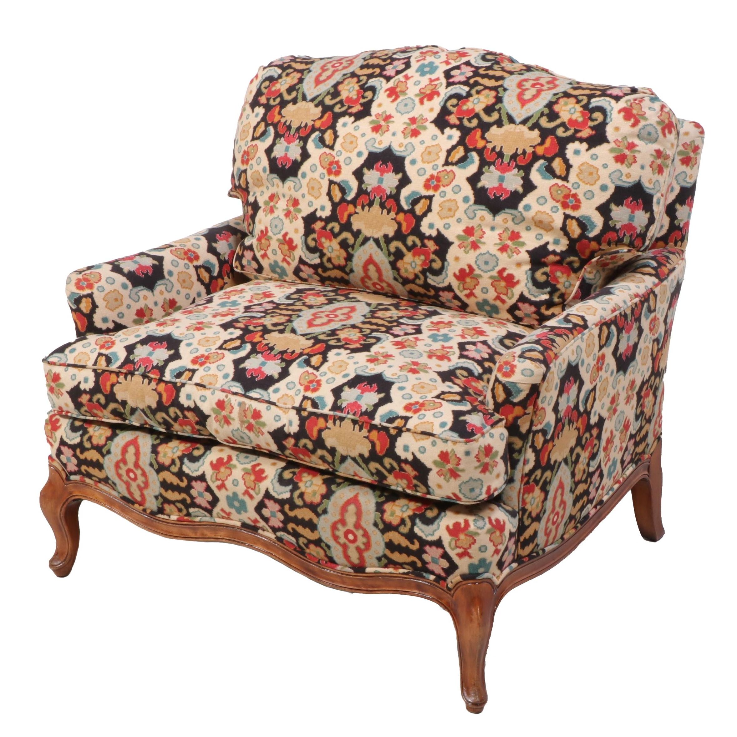 French Provincial Style Walnut and Custom-Upholstered Bergère, 20th Century