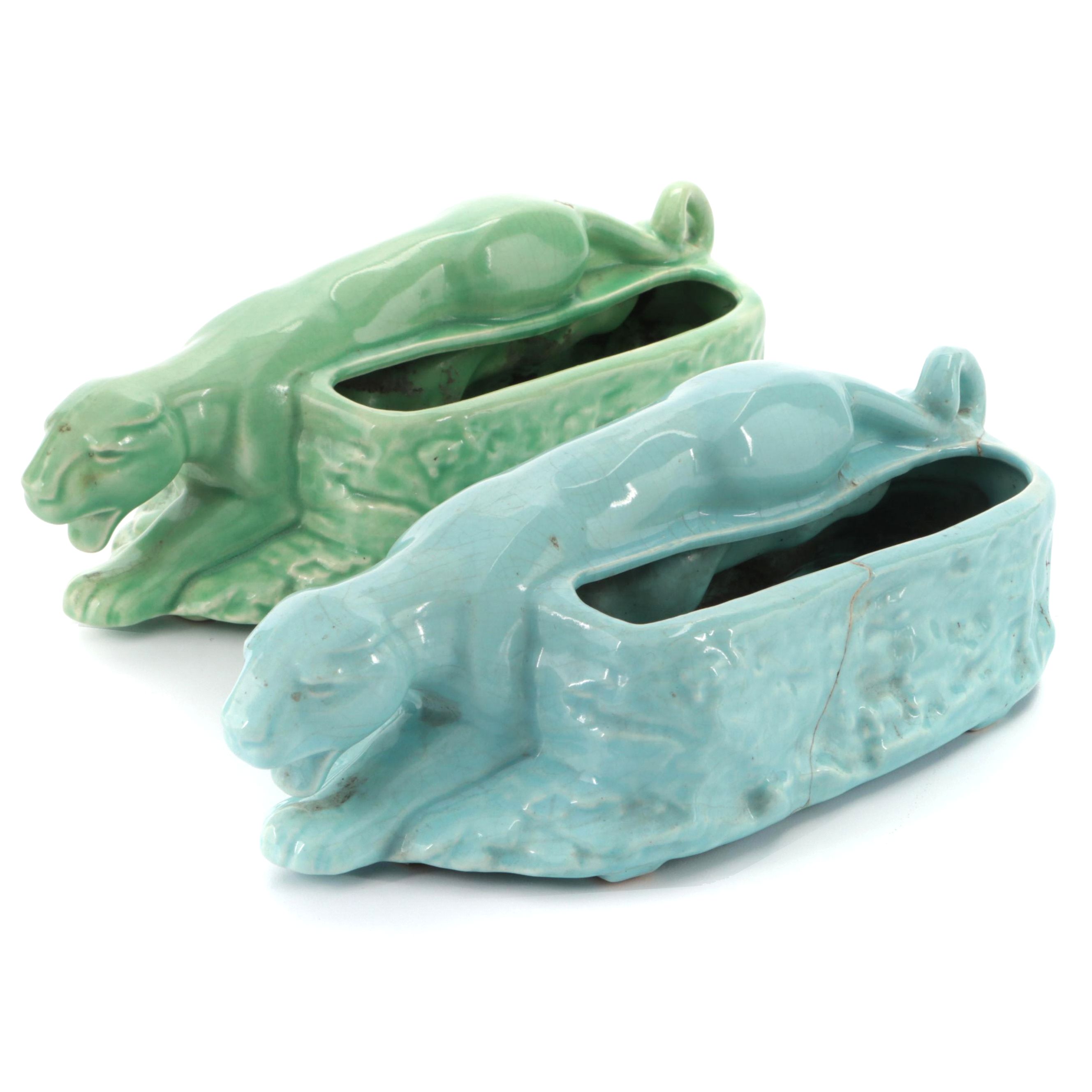 Mid Century Modern Glazed Ceramic Panther Planter Vases
