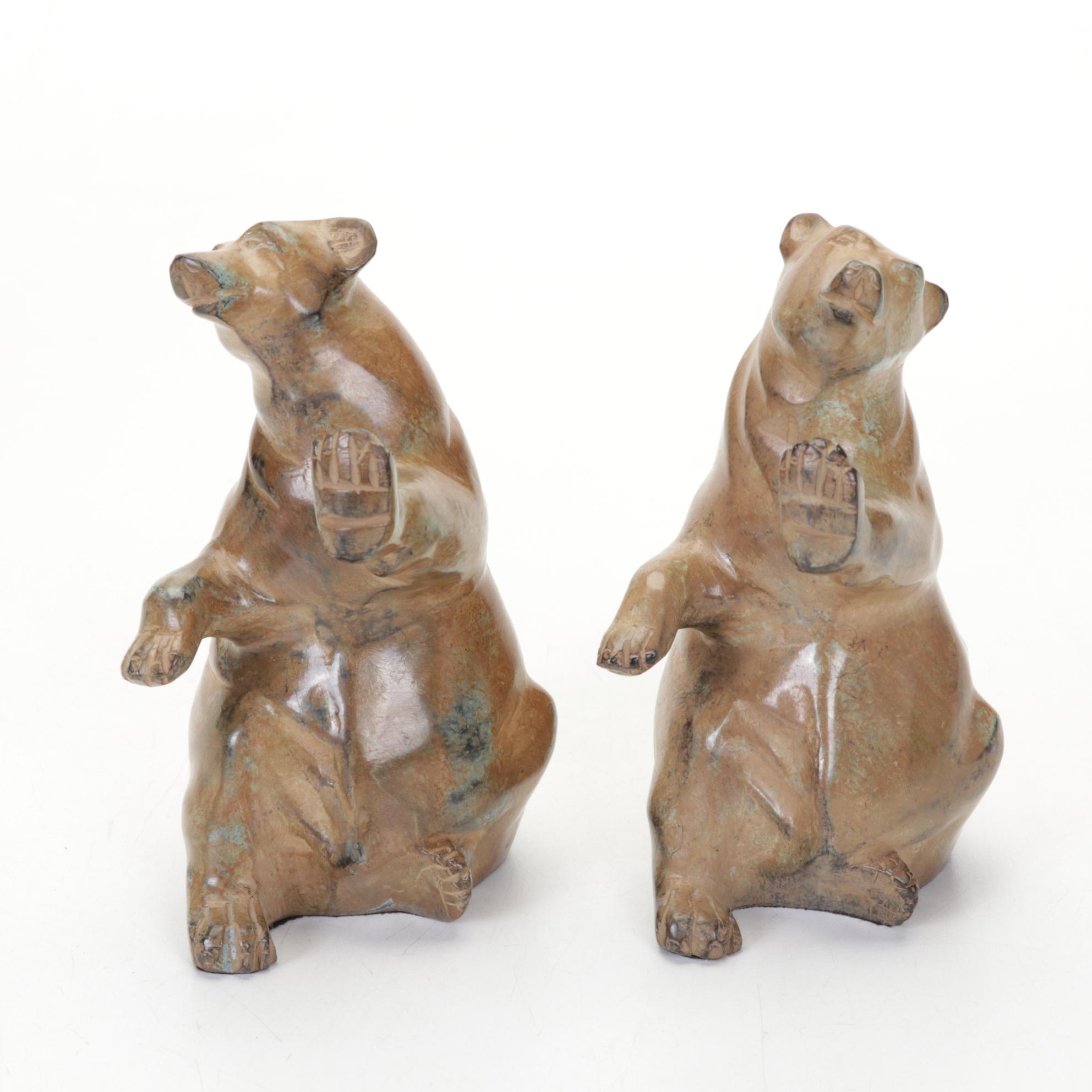 Franklin Norwood Framed Etching With Pair of Pottery Bear Bookends