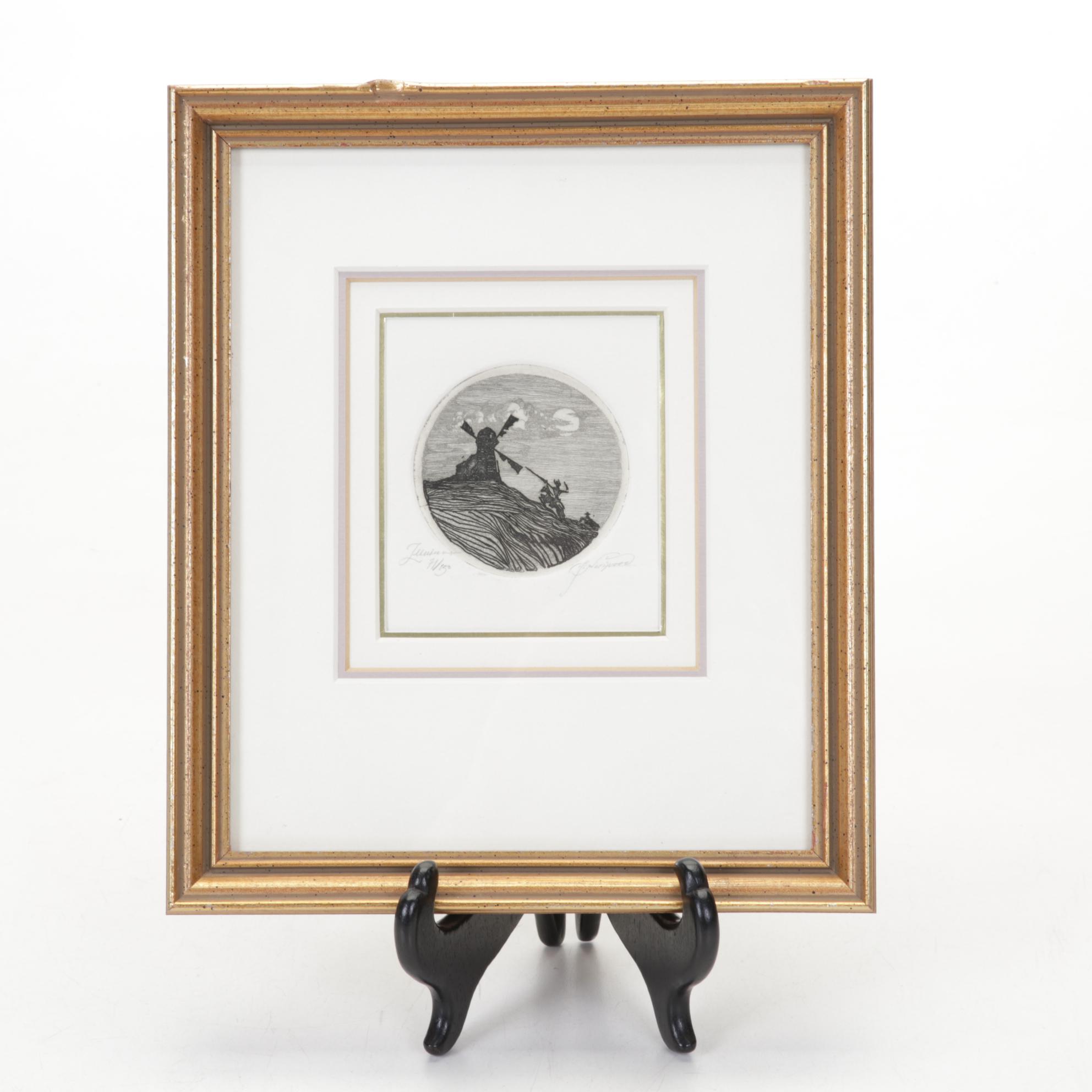 Franklin Norwood Framed Etching With Pair of Pottery Bear Bookends