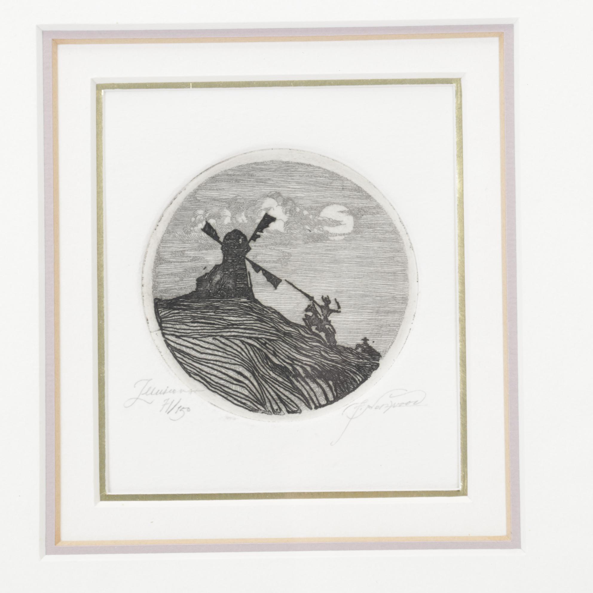 Franklin Norwood Framed Etching With Pair of Pottery Bear Bookends