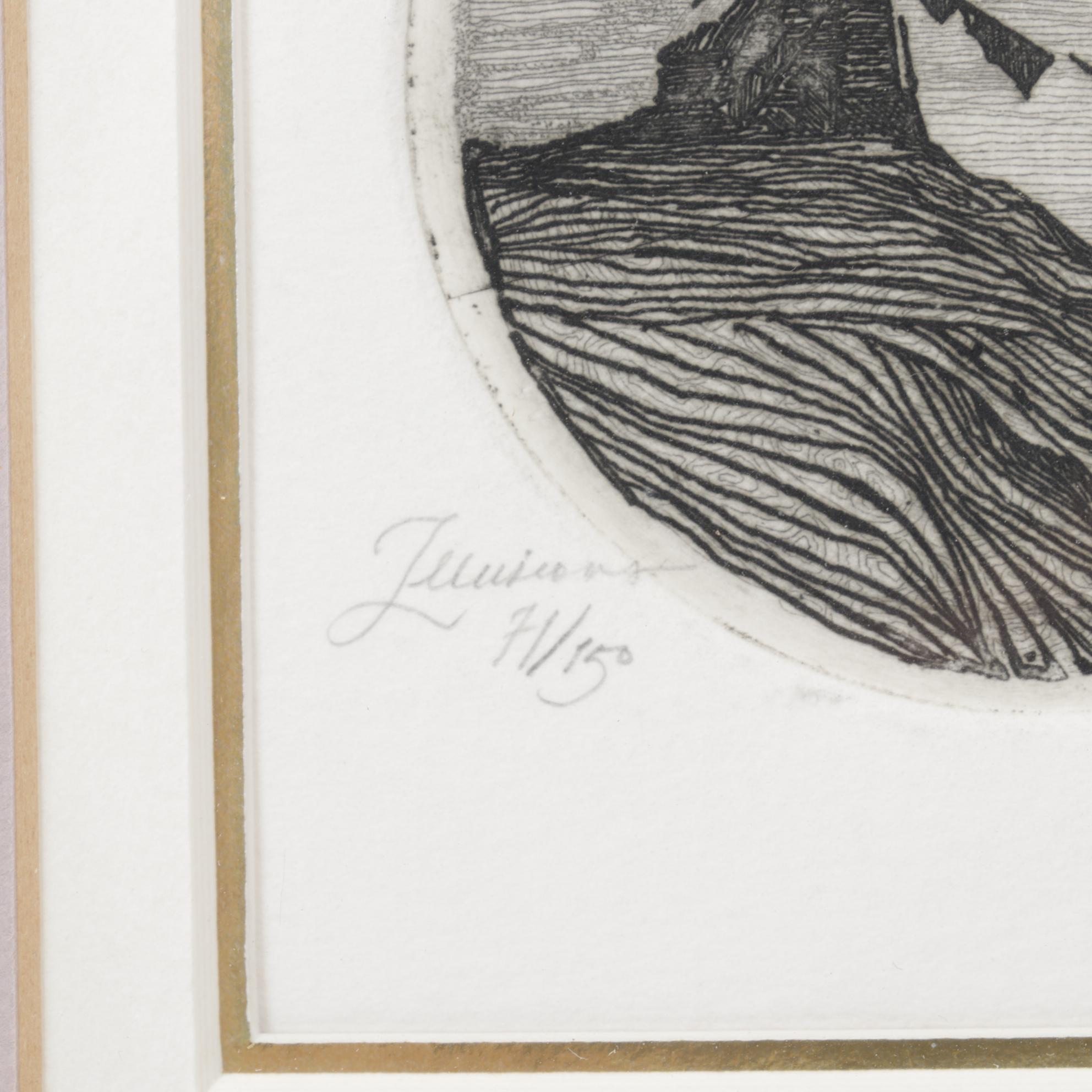 Franklin Norwood Framed Etching With Pair of Pottery Bear Bookends