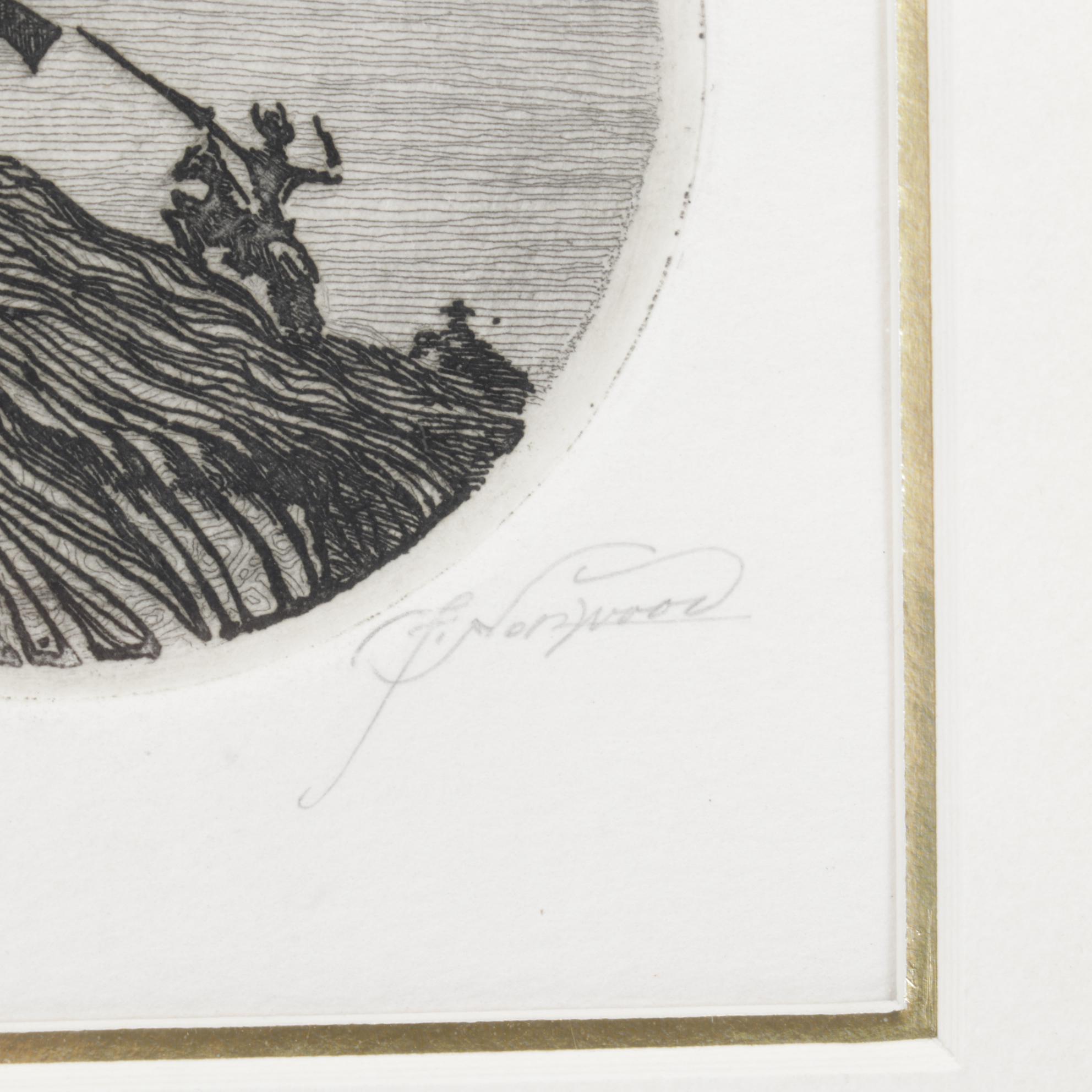 Franklin Norwood Framed Etching With Pair of Pottery Bear Bookends