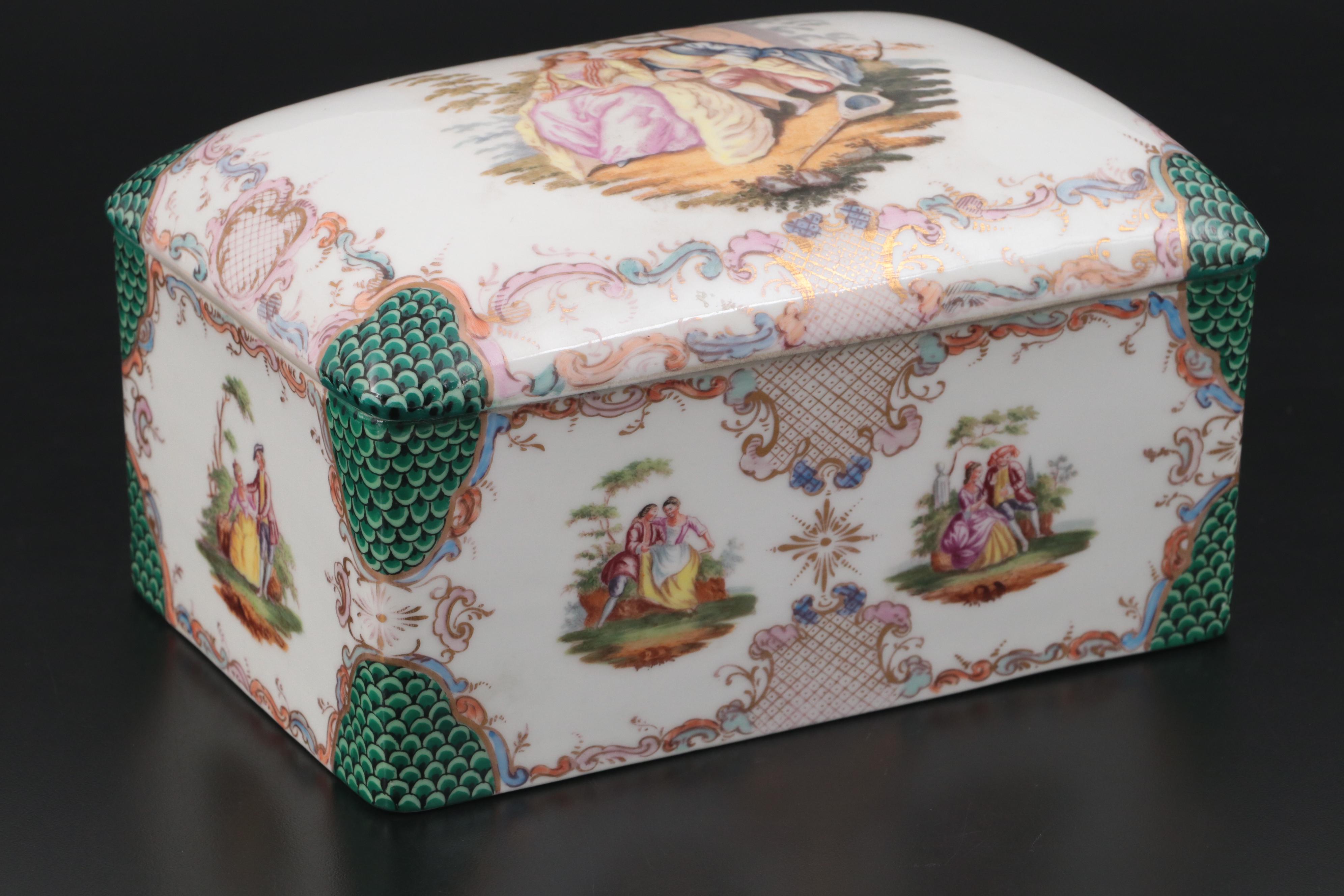 French Hand-Painted Porcelain Jewelry Casket, 19th Century
