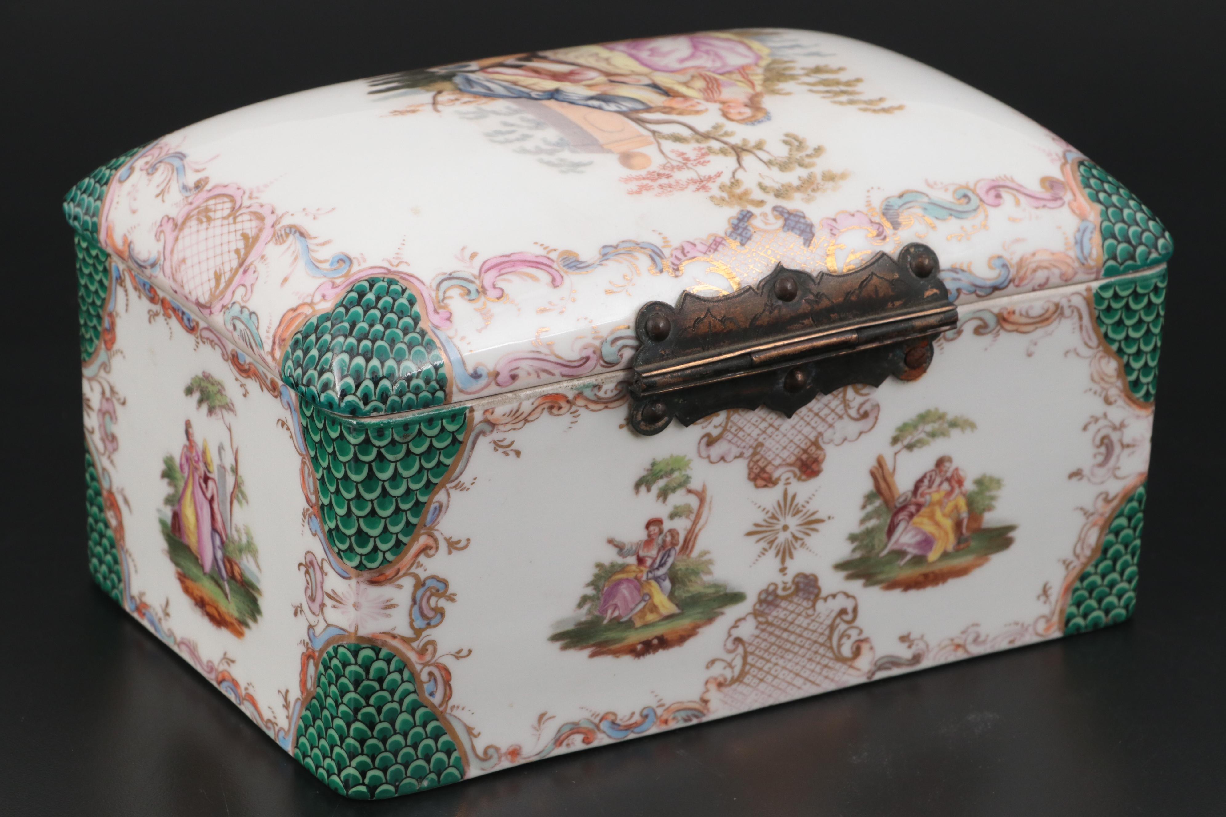 French Hand-Painted Porcelain Jewelry Casket, 19th Century
