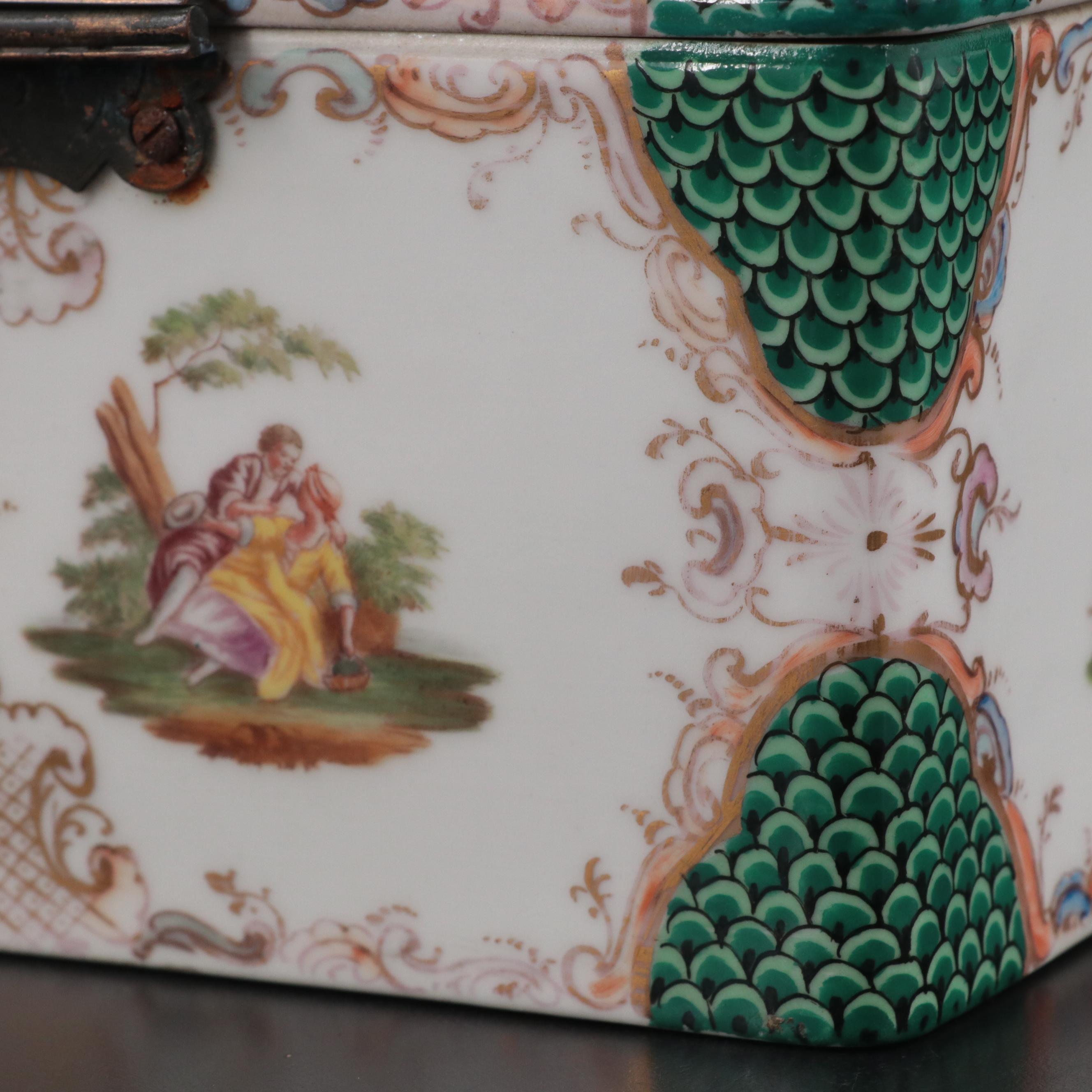 French Hand-Painted Porcelain Jewelry Casket, 19th Century