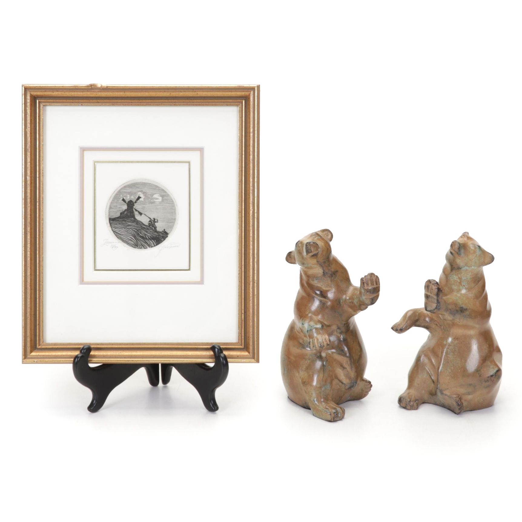 Franklin Norwood Framed Etching With Pair of Pottery Bear Bookends