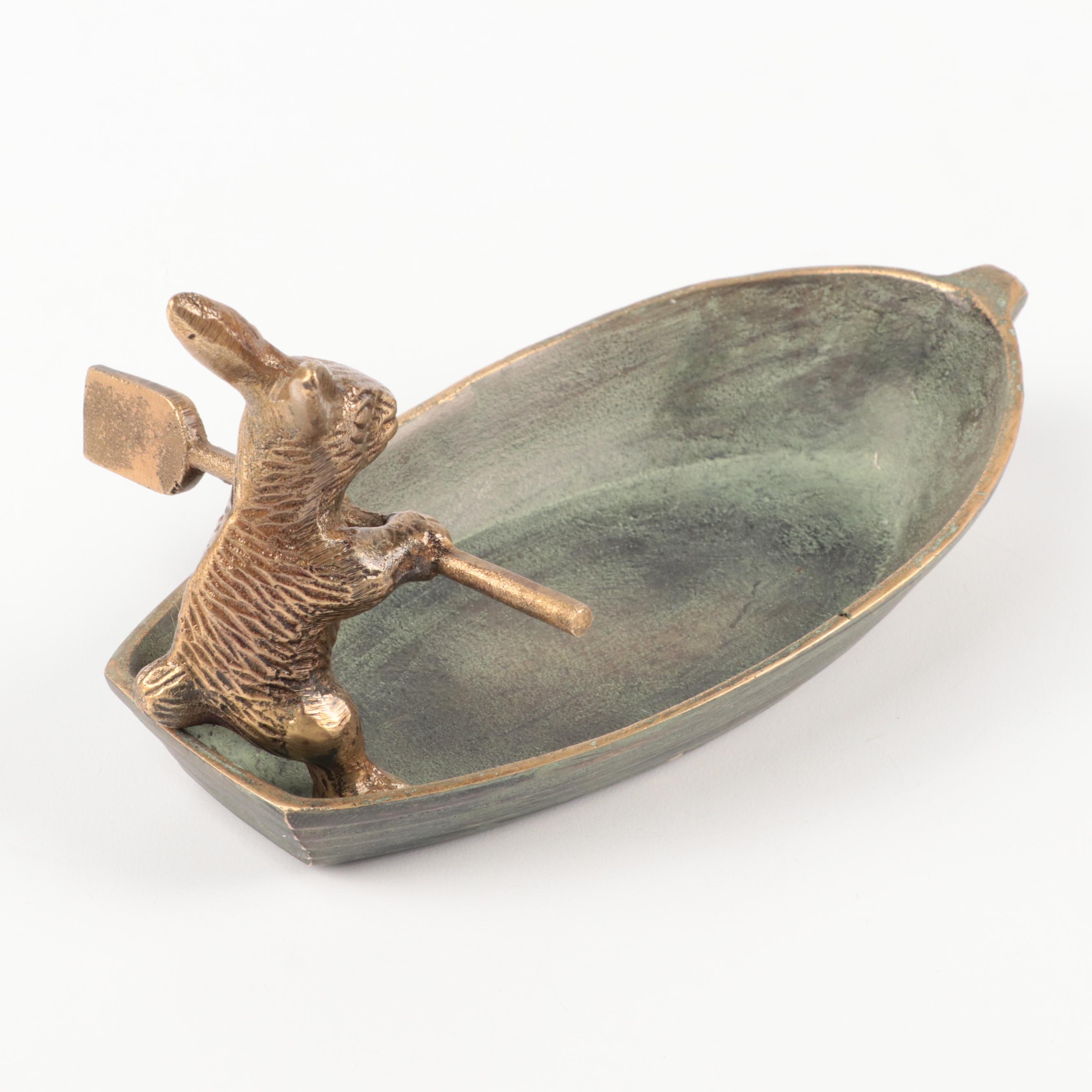 Patinated Cast Metal Rabbit in Rowboat Trinket Dish