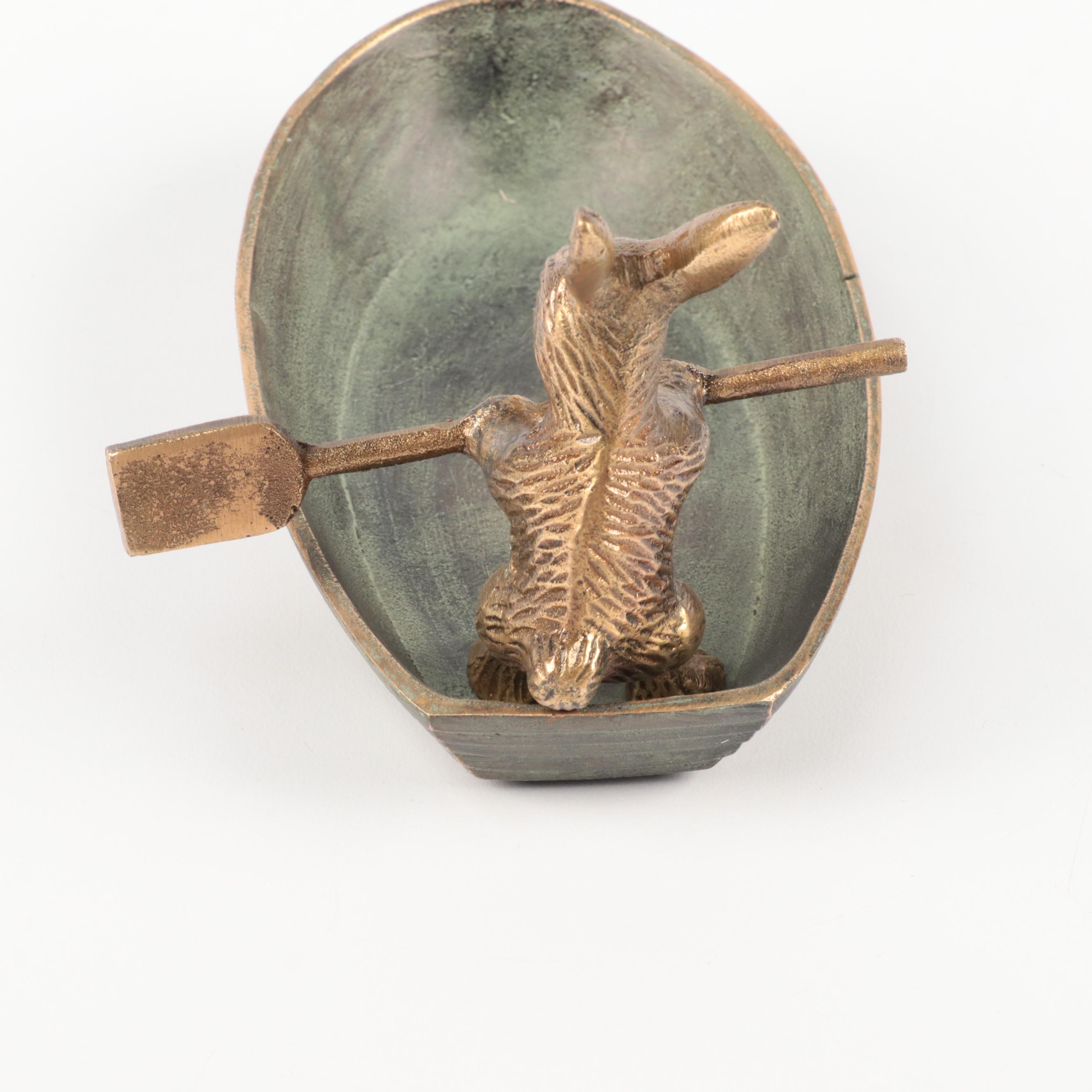 Patinated Cast Metal Rabbit in Rowboat Trinket Dish