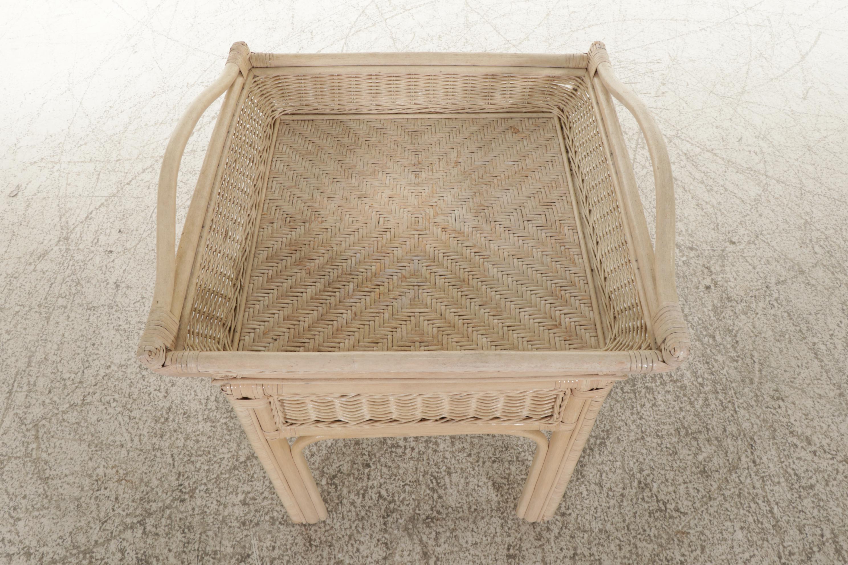 Cerused Finish Rattan and Wicker Tray-Top Side Table