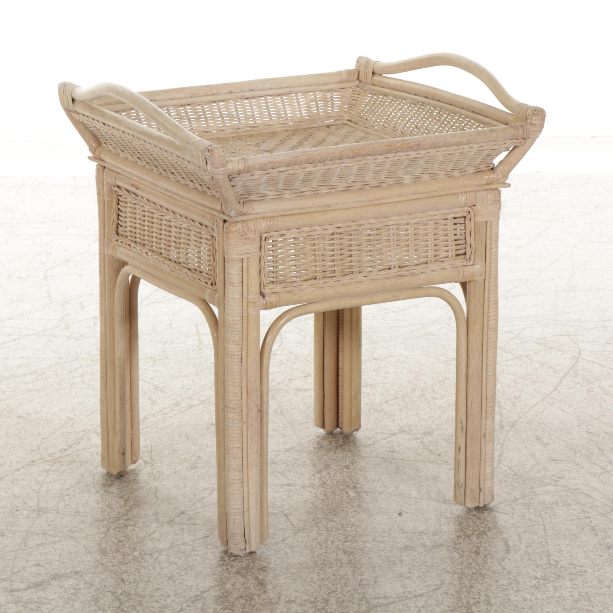 Cerused Finish Rattan and Wicker Tray-Top Side Table