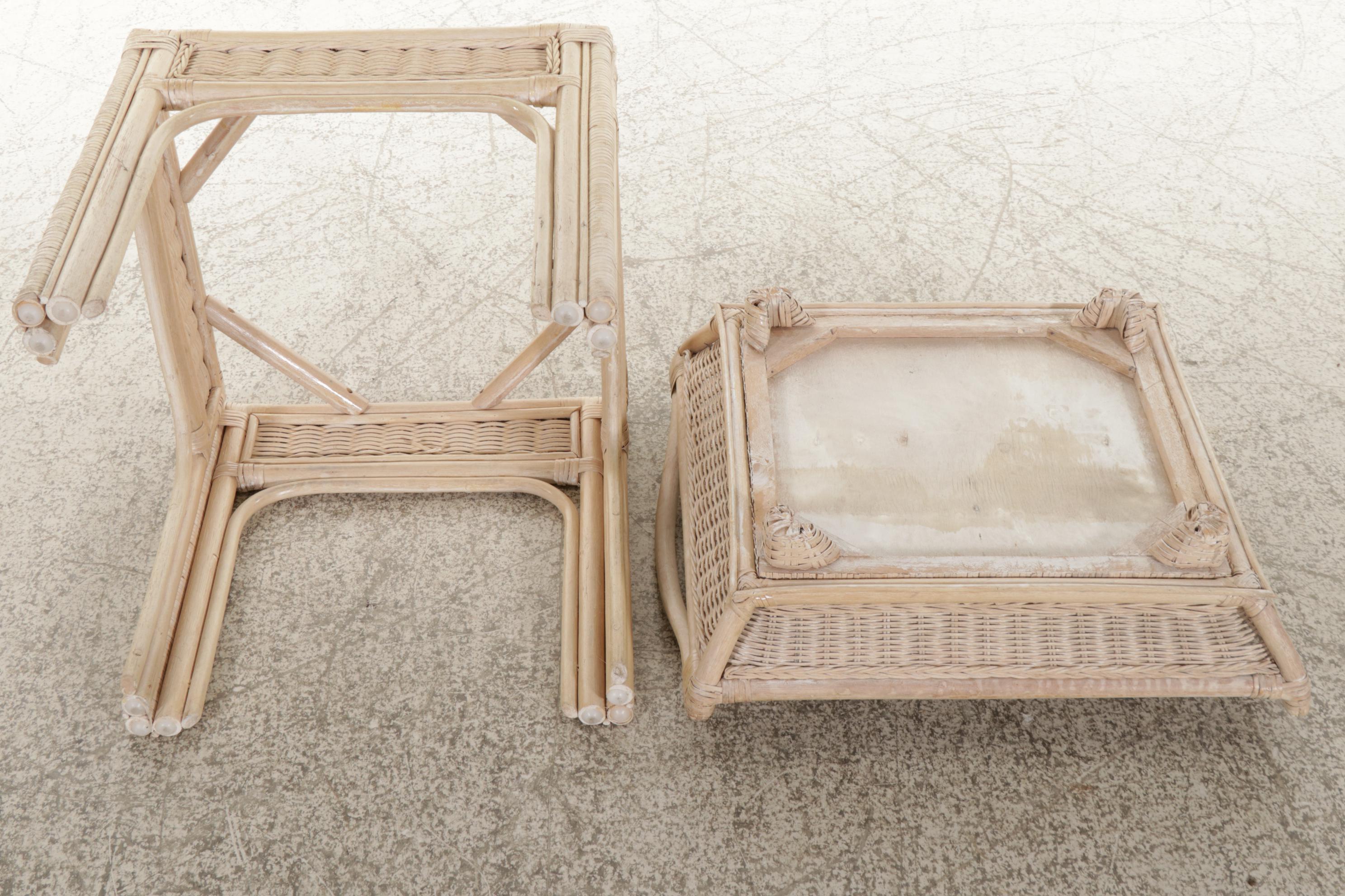 Cerused Finish Rattan and Wicker Tray-Top Side Table