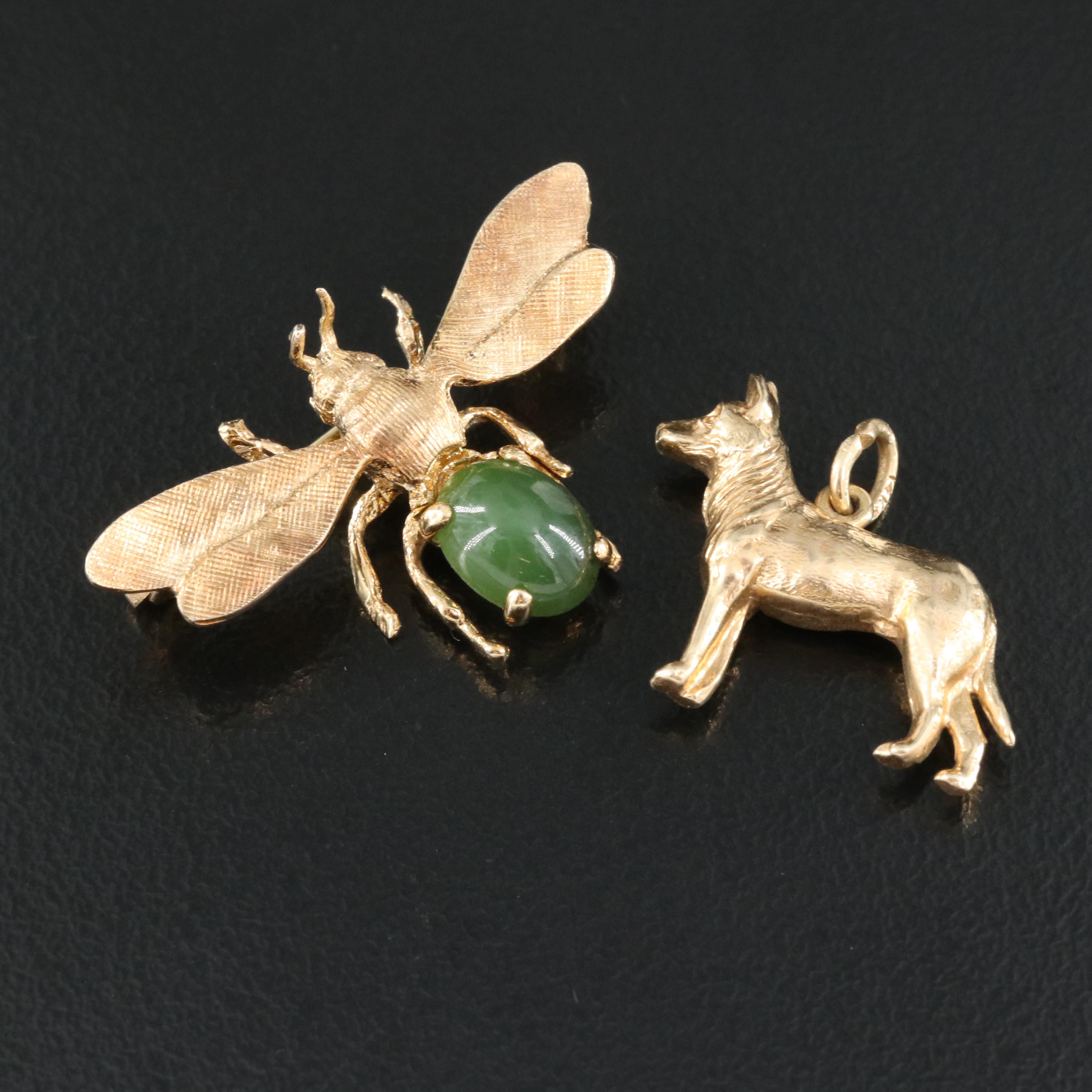 14K Nephrite Insect Brooch with Dog Charm